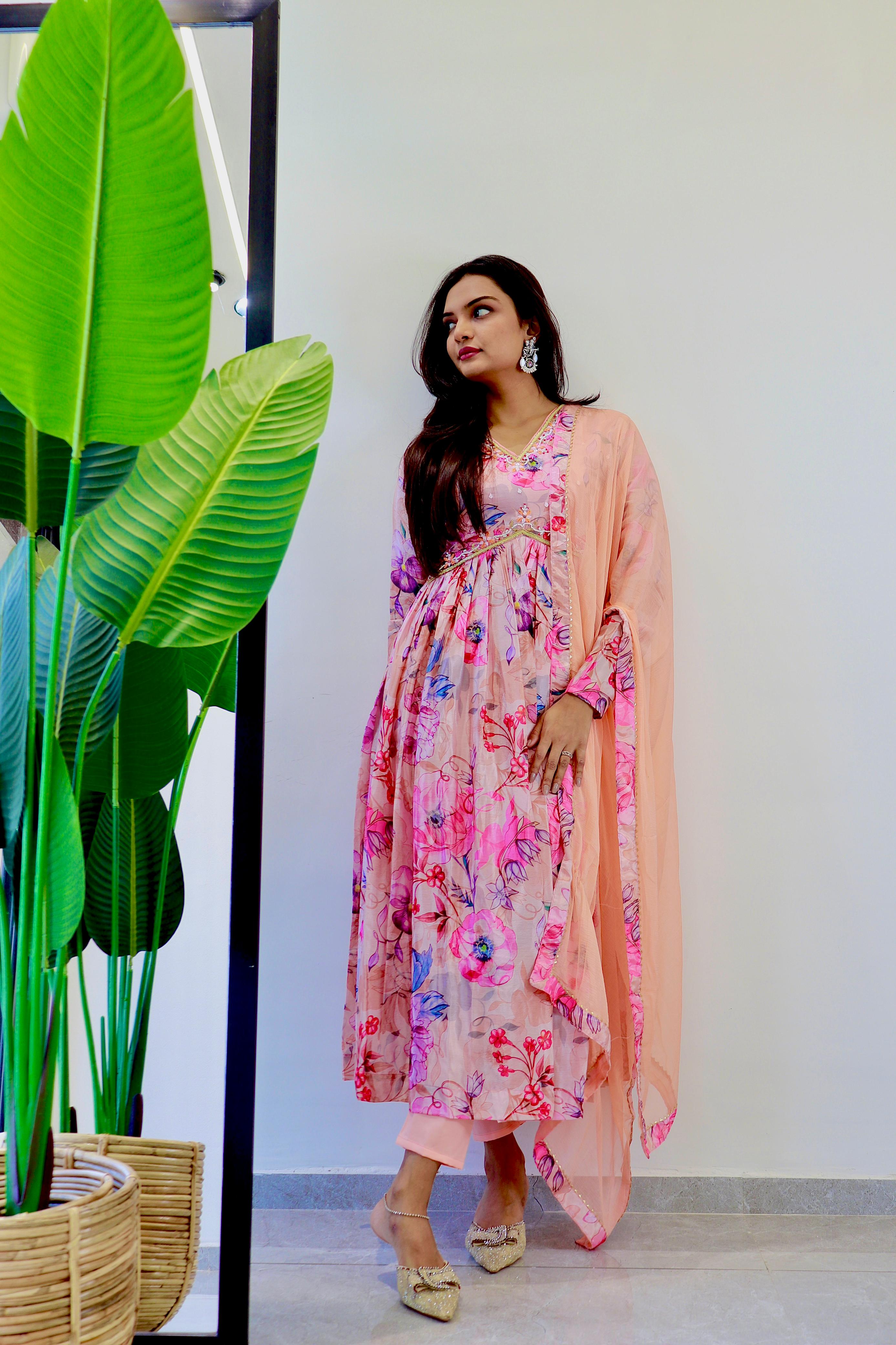 Attractive Chinon Digital Printed Alia Cut Top With Bottom With Dupatta Baby Pink Anarkali Suit