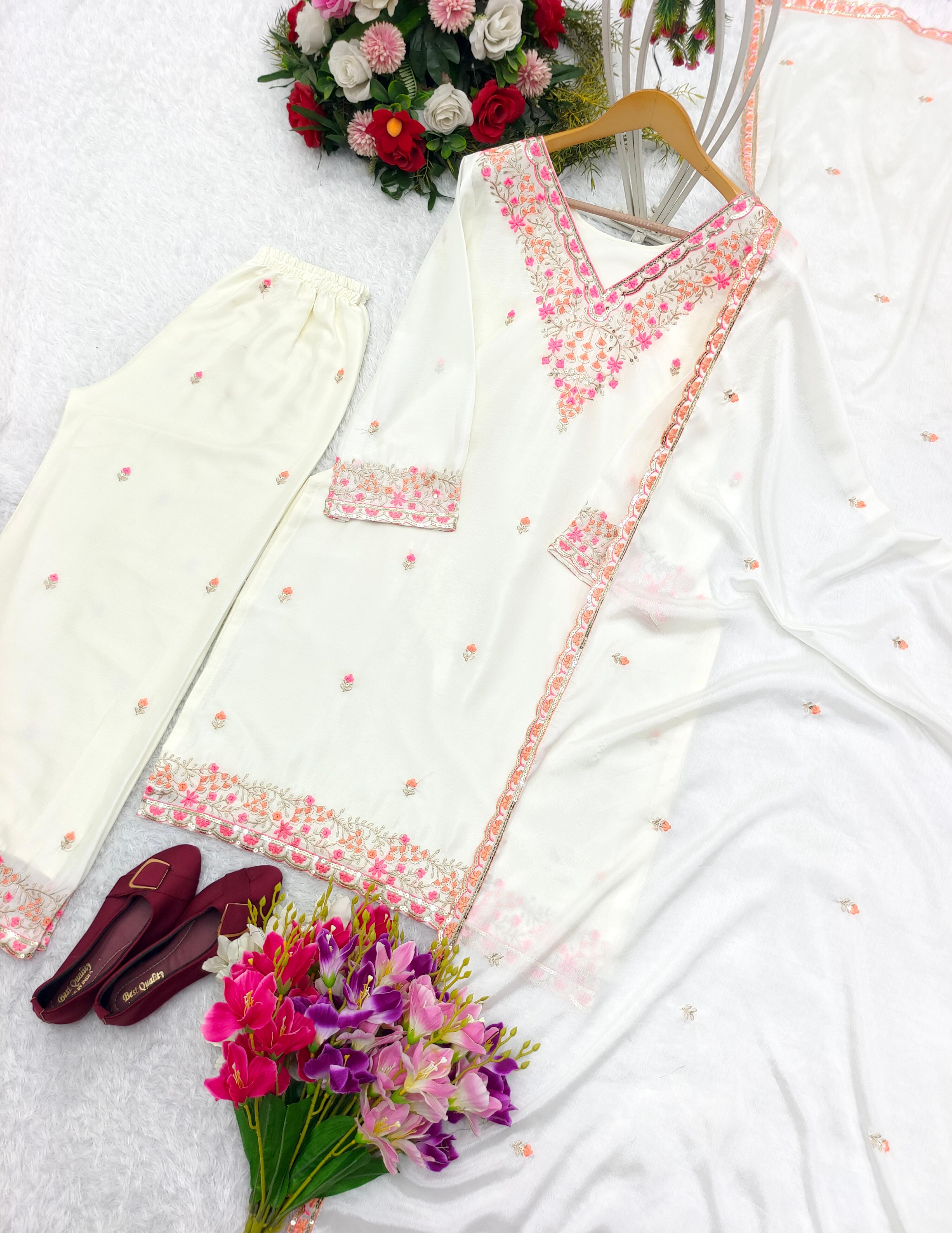 Trending White Color Pure Chinon Silk With Embroidery Work Pakistani Suit