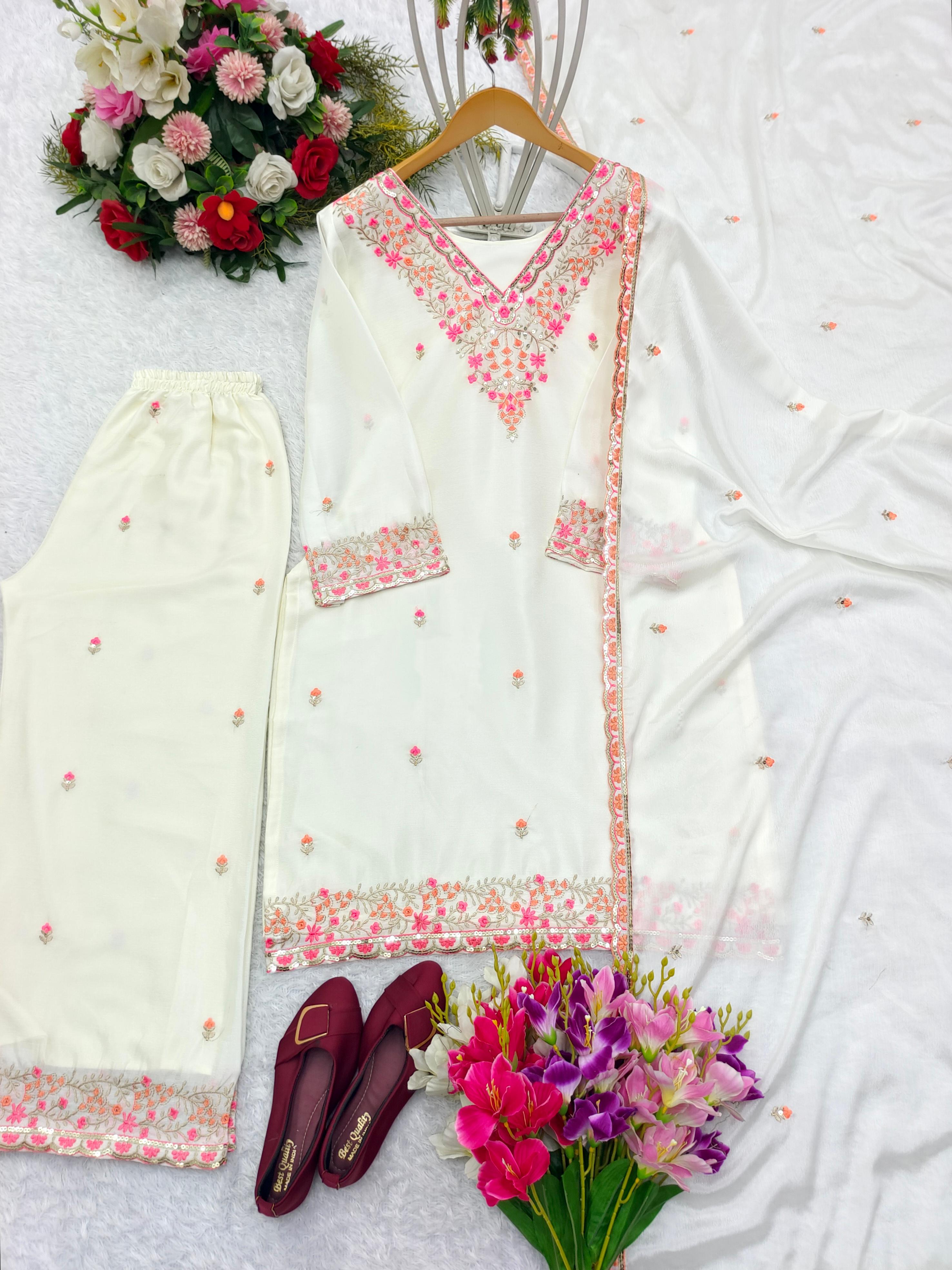 Trending White Color Pure Chinon Silk With Embroidery Work Pakistani Suit