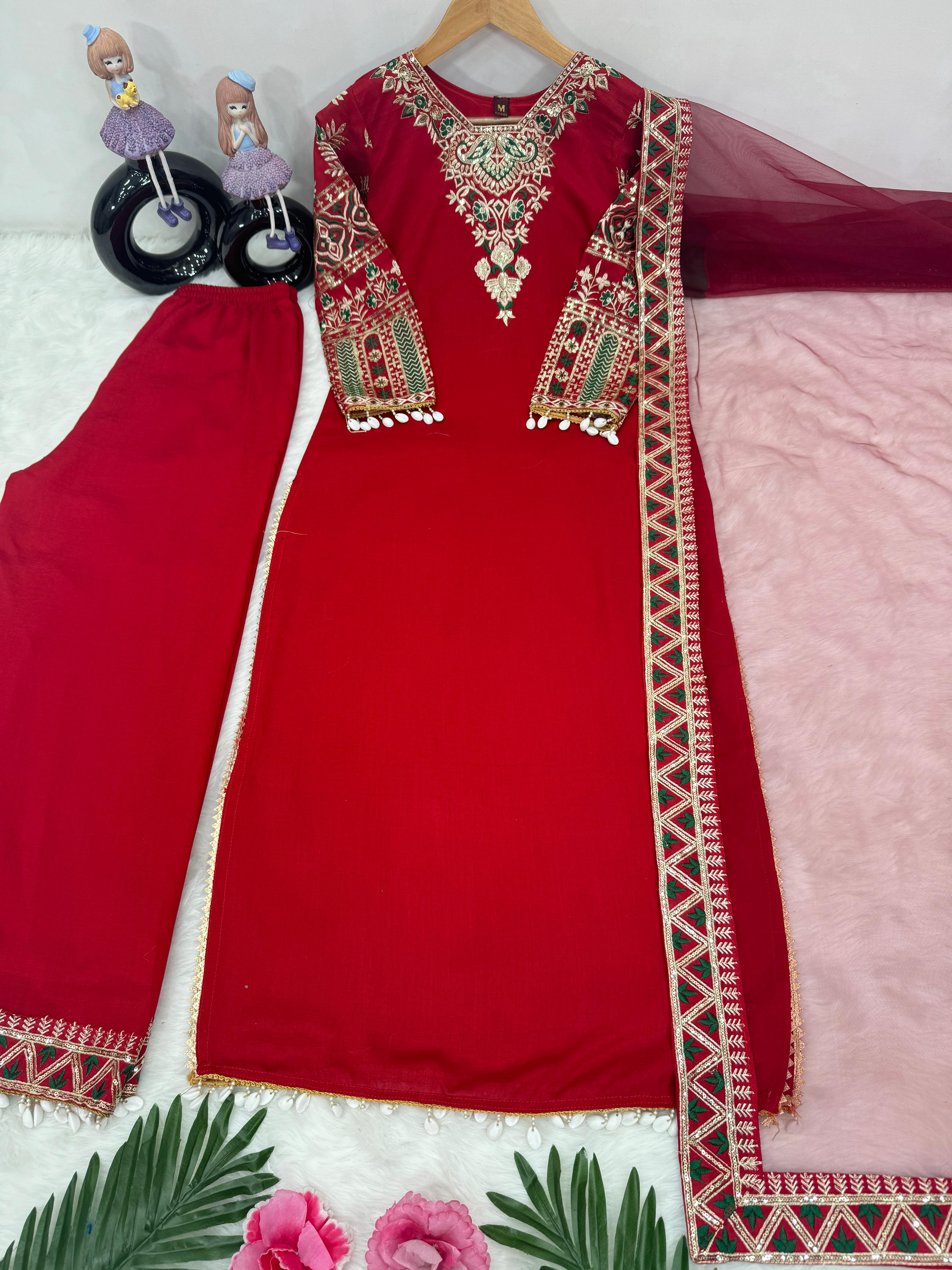 Luxuriant Red Color Heavy Vichitra Silk With Embroidered Sequence Work Salwar Suit