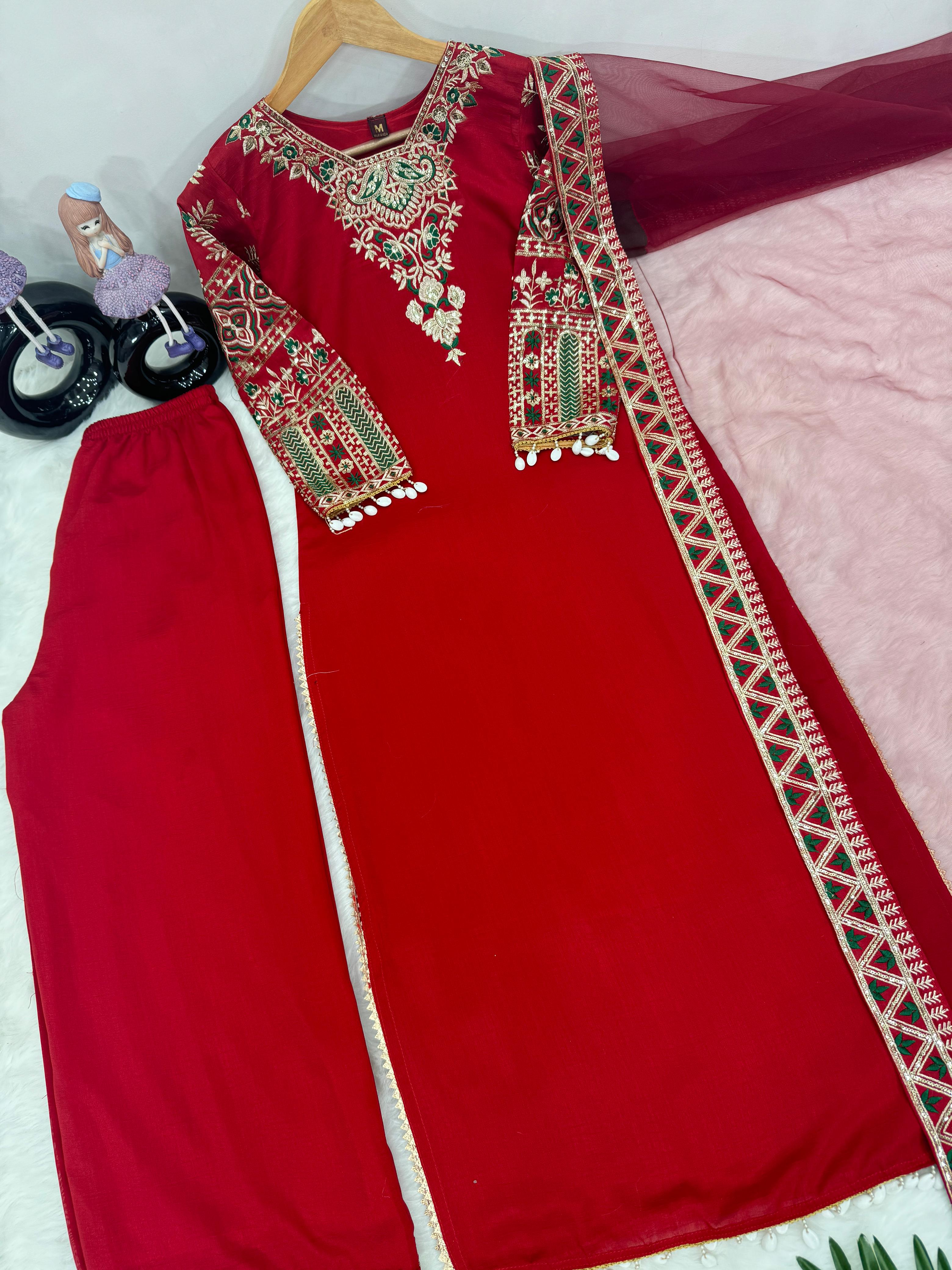 Luxuriant Red Color Heavy Vichitra Silk With Embroidered Sequence Work Salwar Suit