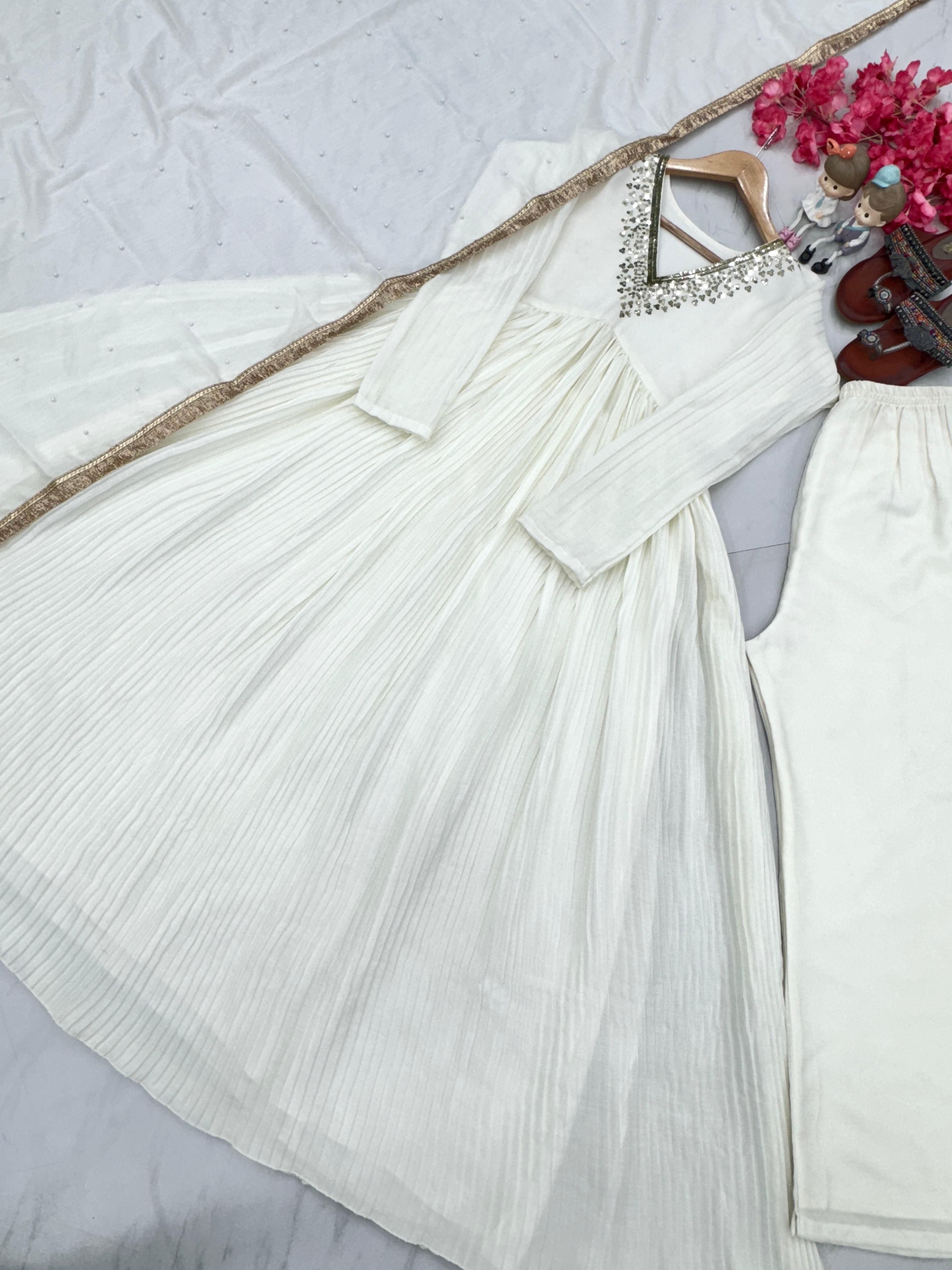 Precious White Color Pure Chinon Silk Crush With Embroidery Work With Salwar Suit