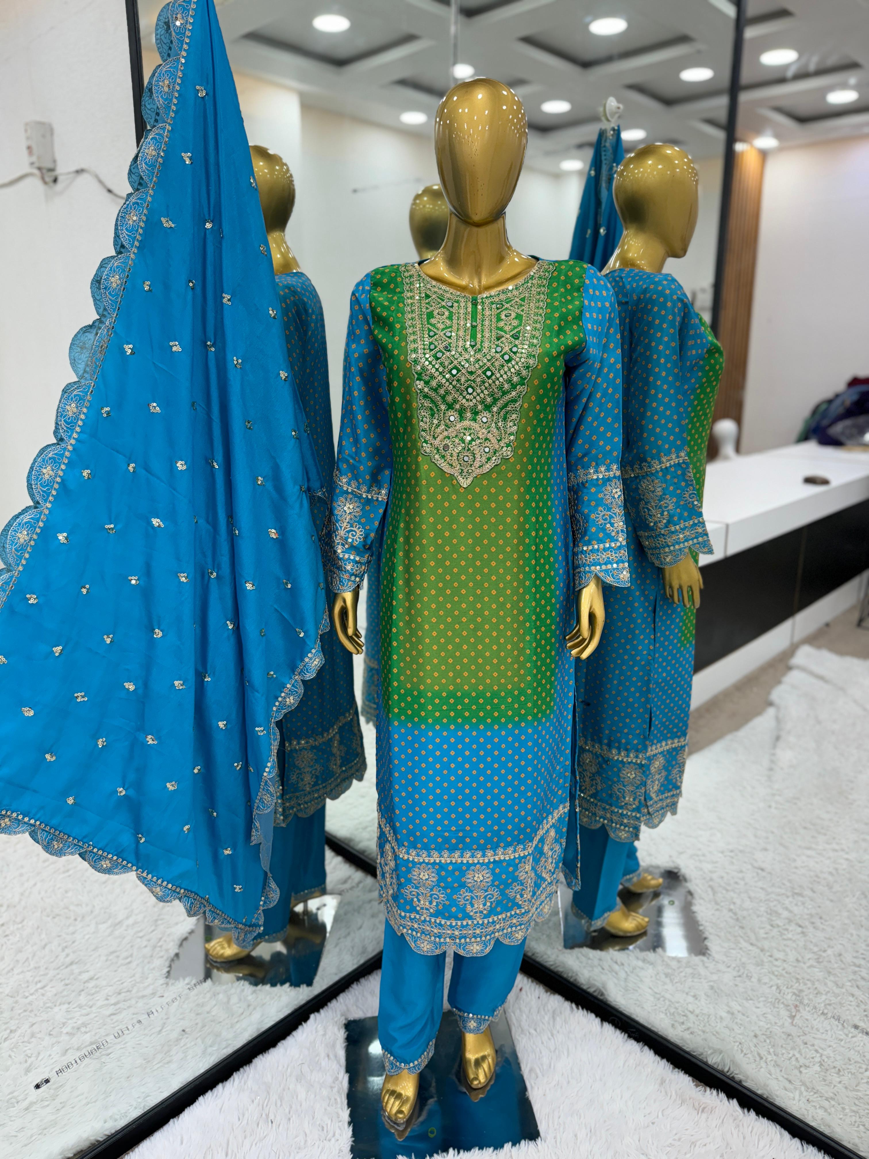 Glimmering Sky Blue Pure Chinon With Heavy Embroidery Coding Dori Sequence Work Salwar Suit