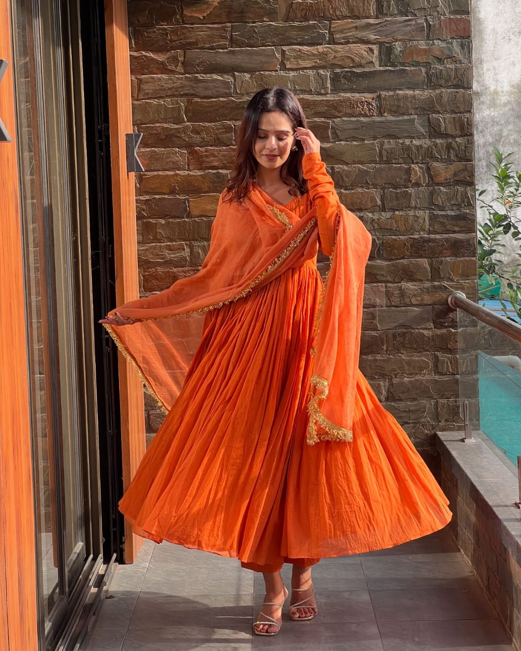 Festive Wear Orange Color Chinon Silk Plain Designer Gown