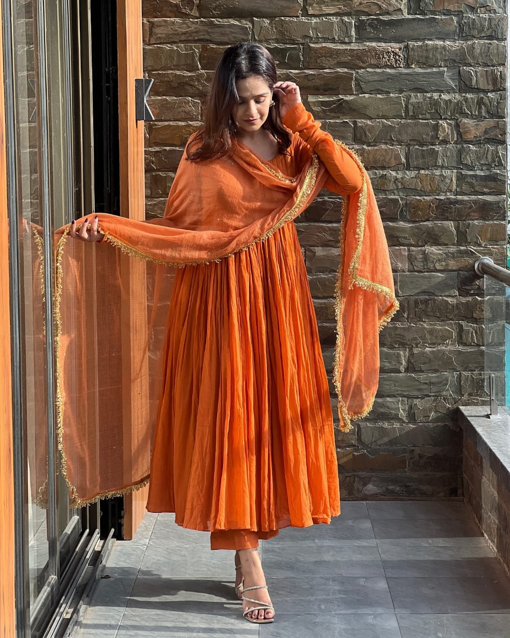 Festive Wear Orange Color Chinon Silk Plain Designer Gown