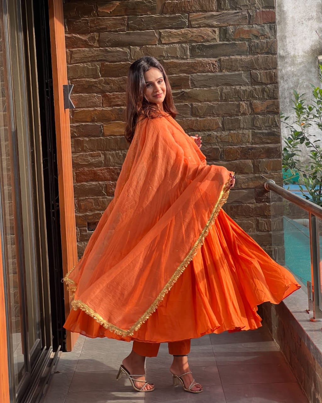 Festive Wear Orange Color Chinon Silk Plain Designer Gown