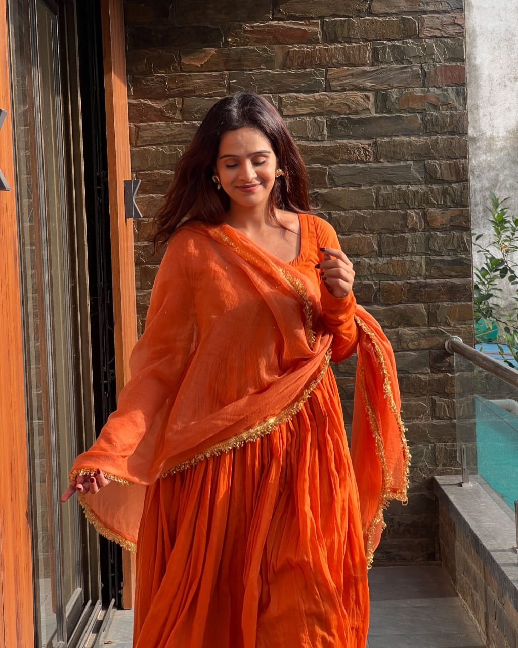 Festive Wear Orange Color Chinon Silk Plain Designer Gown