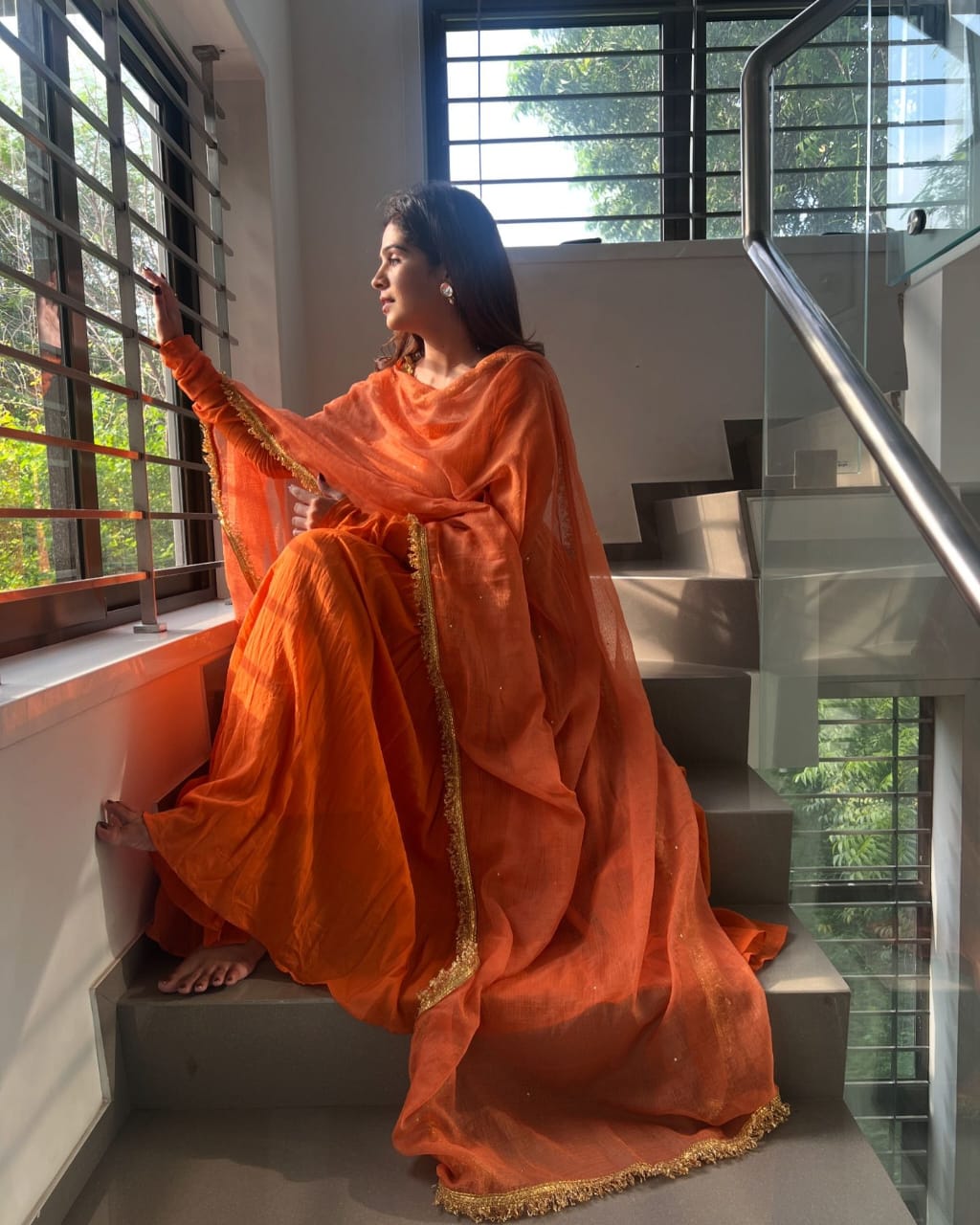 Festive Wear Orange Color Chinon Silk Plain Designer Gown