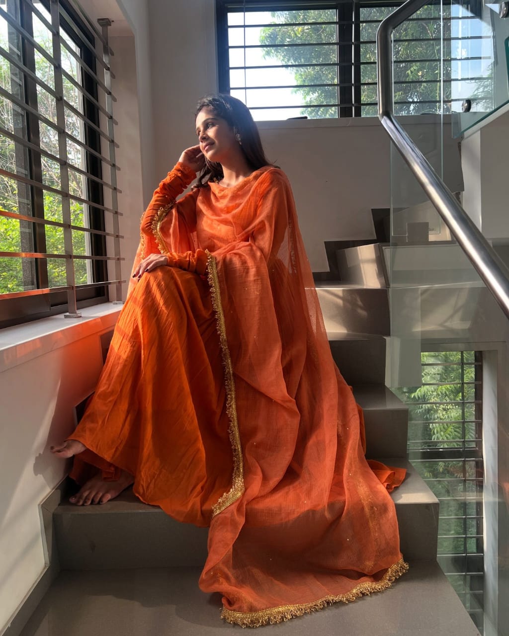 Festive Wear Orange Color Chinon Silk Plain Designer Gown