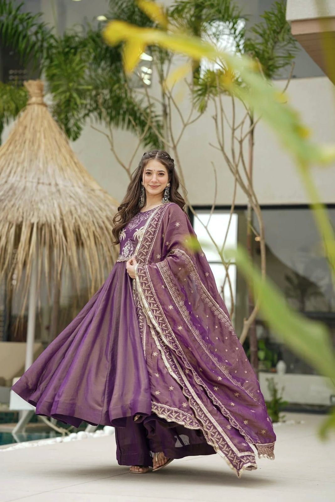 Party Wear Lavender Color Gold Crash With Heavy Embroidery Sequence Work With Fully Flair Designer Gown