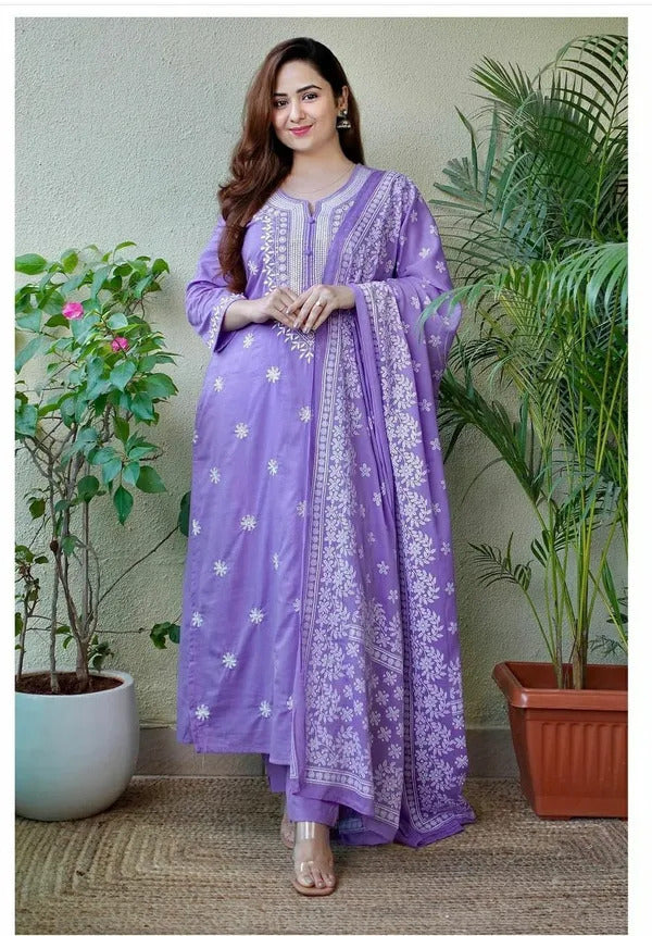 Ceremony Wear Lavender Color Pure Cotton With Printed Work 3 Piece Kurta Set
