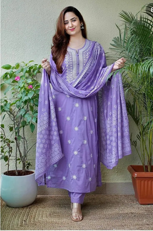 Ceremony Wear Lavender Color Pure Cotton With Printed Work 3 Piece Kurta Set