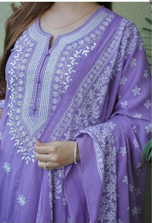 Ceremony Wear Lavender Color Pure Cotton With Printed Work 3 Piece Kurta Set