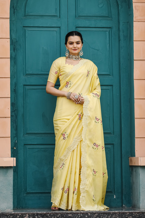 Floral Embroidery Cutwork Yellow Color Saree
