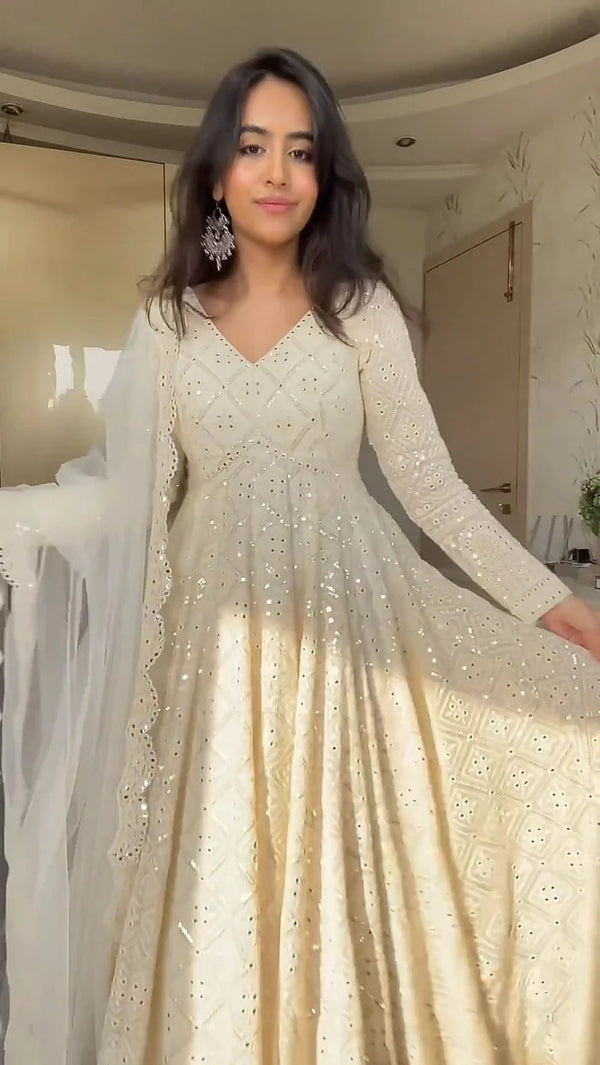 Beautiful White Embroidered Georgette Fully Stitched Anarkali Suit Set