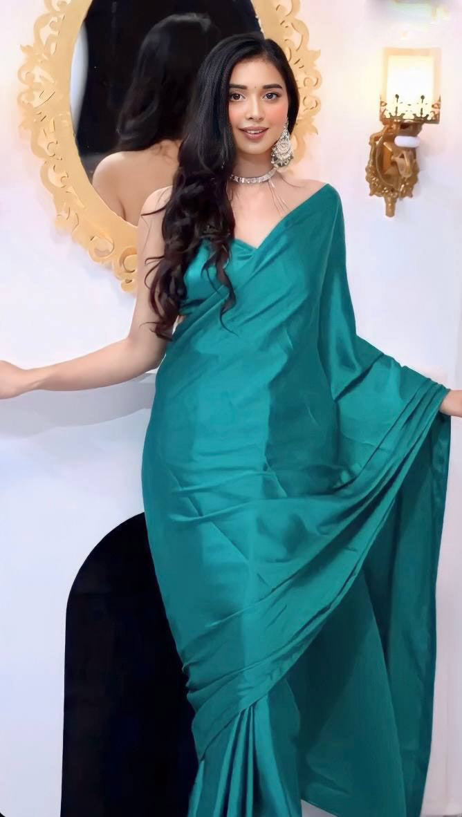 Ready To Wear Aqua Green Color Plain Satin Silk Saree