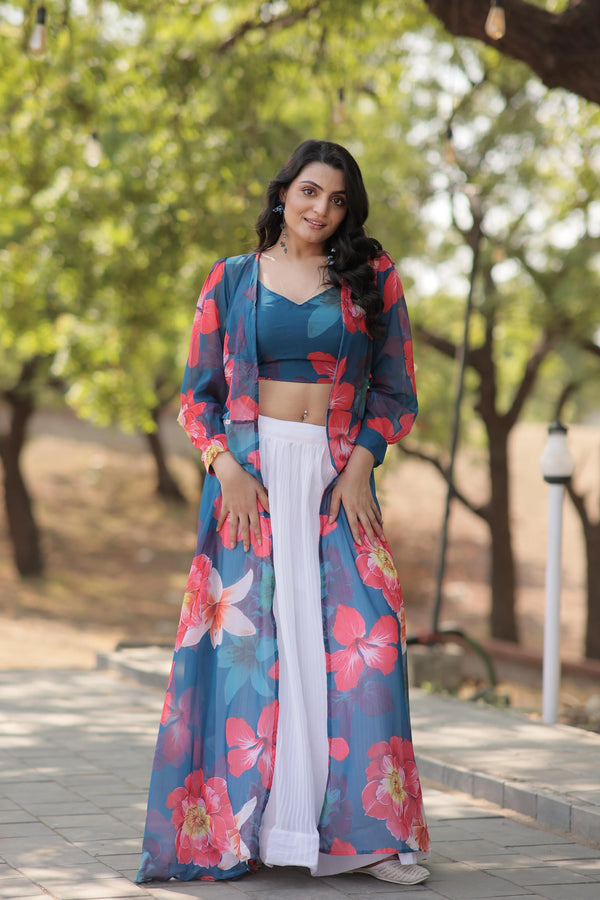 Engagement Wear White Lehenga With Blue Flower Print Blouse and Shrug