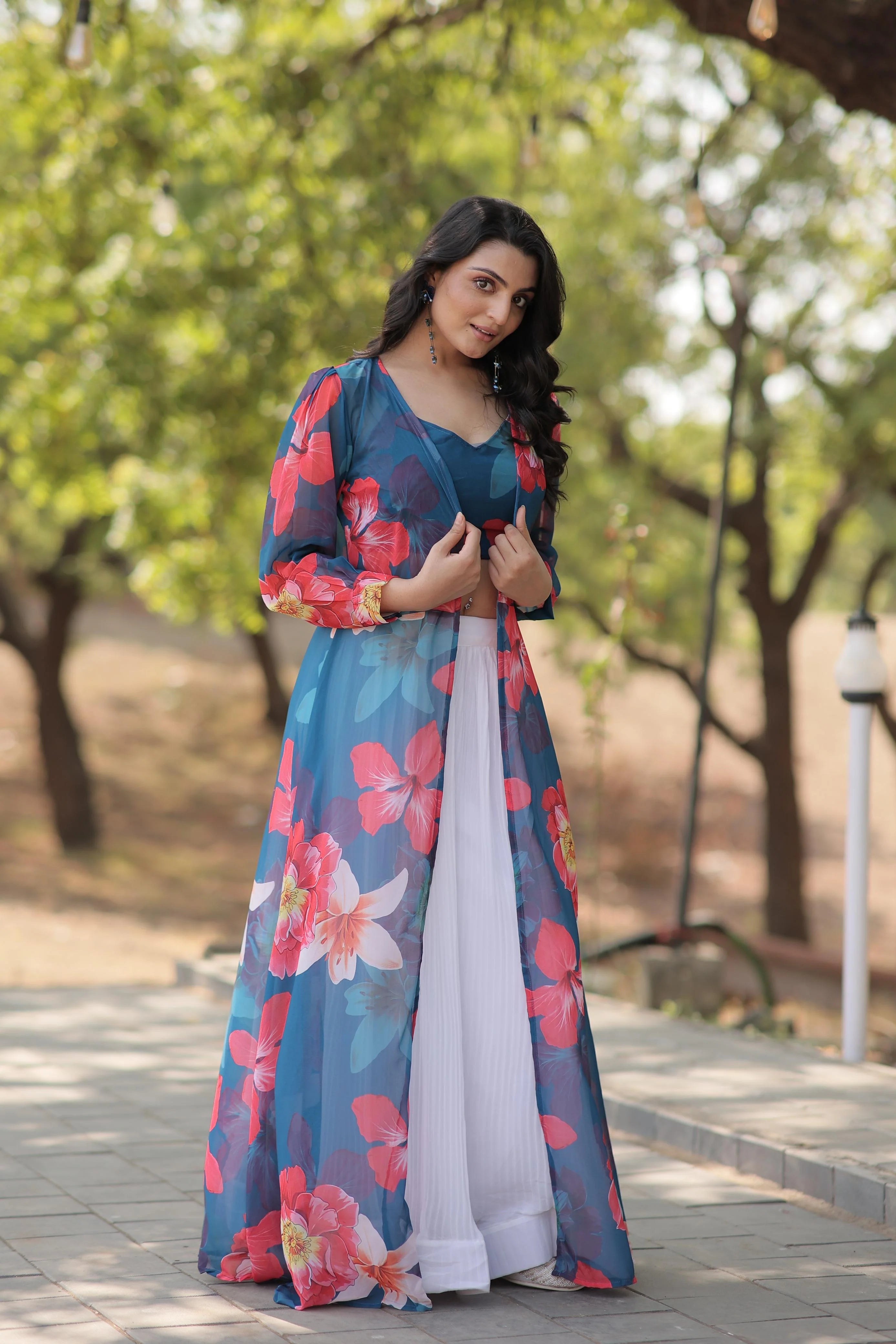 Engagement Wear White Lehenga With Blue Flower Print Blouse and Shrug