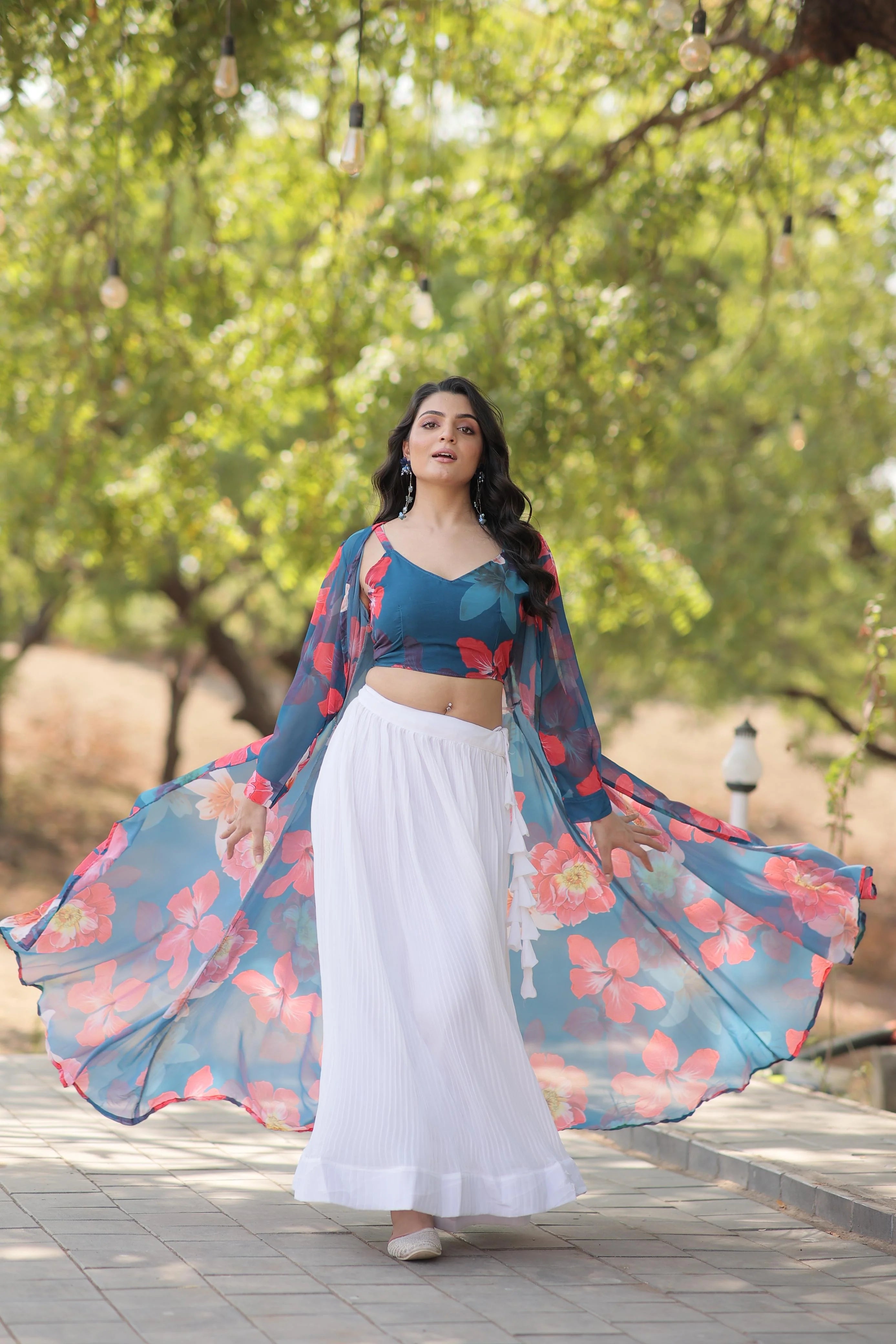 Engagement Wear White Lehenga With Blue Flower Print Blouse and Shrug