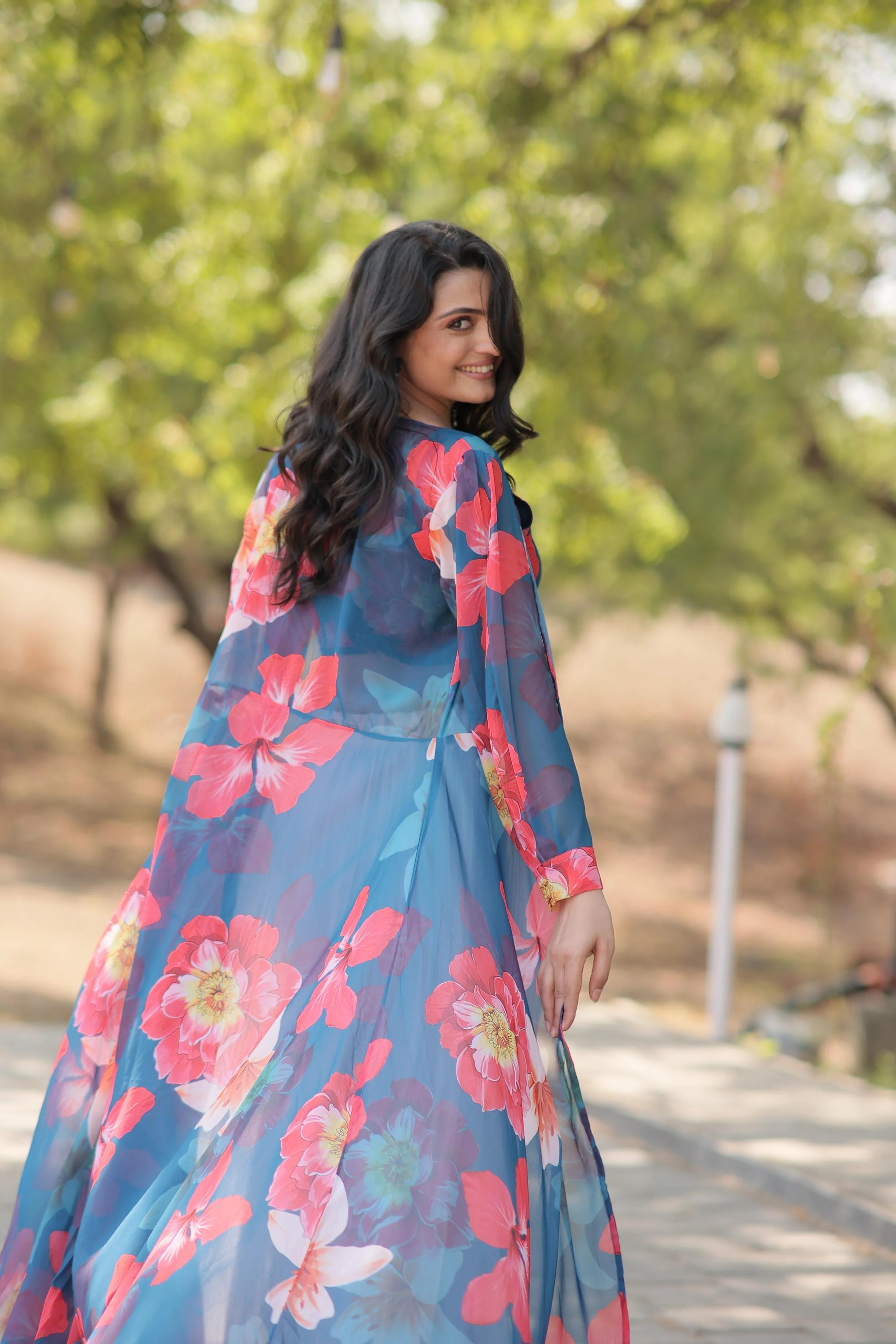 Engagement Wear White Lehenga With Blue Flower Print Blouse and Shrug