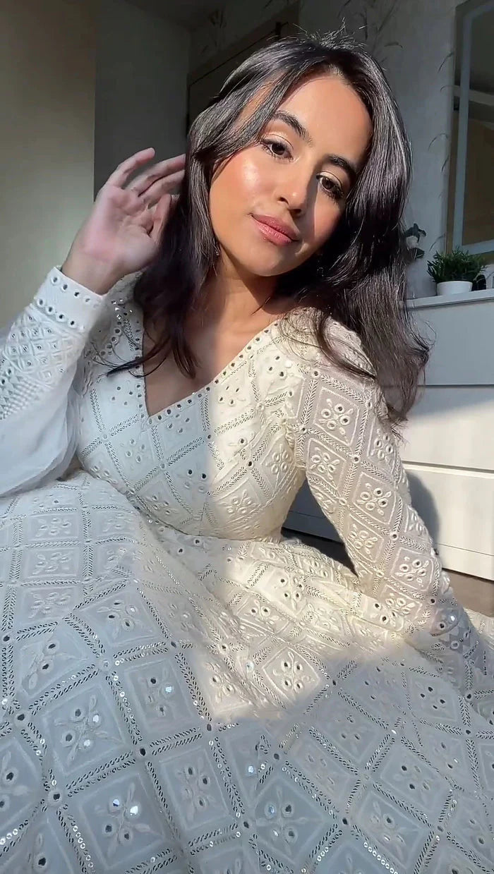 Beautiful White Embroidered Georgette Fully Stitched Anarkali Suit Set