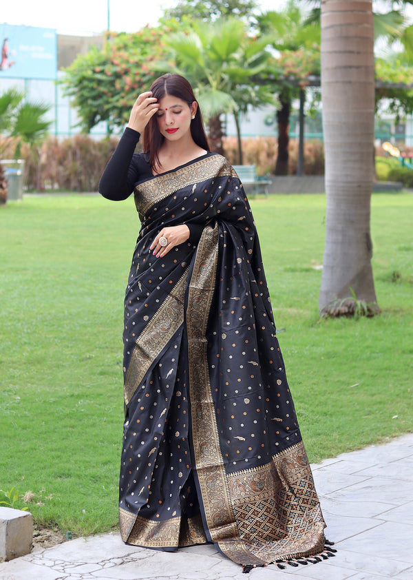 Copper And Golden Zari Border Black Color Saree