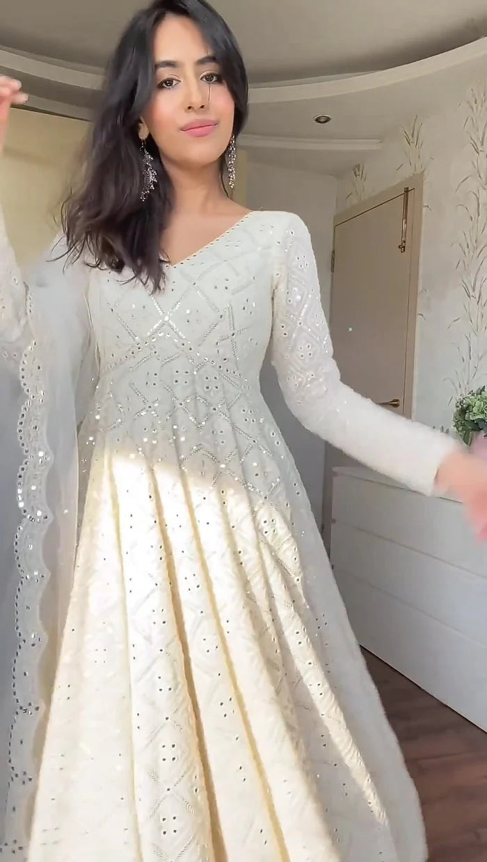 Beautiful White Embroidered Georgette Fully Stitched Anarkali Suit Set