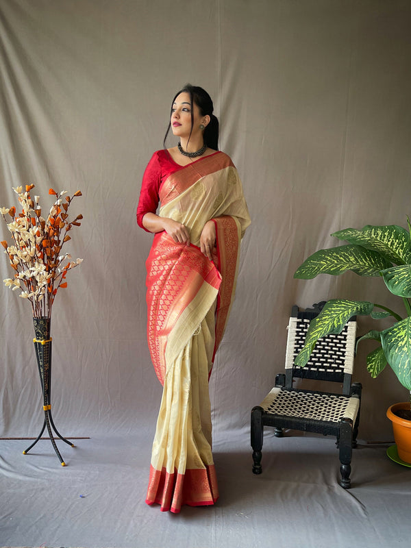 Cream Color Contrast Border And Pallu Linen Saree