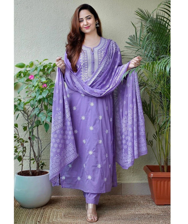 Ceremony Wear Lavender Color Pure Cotton With Printed Work 3 Piece Kurta Set