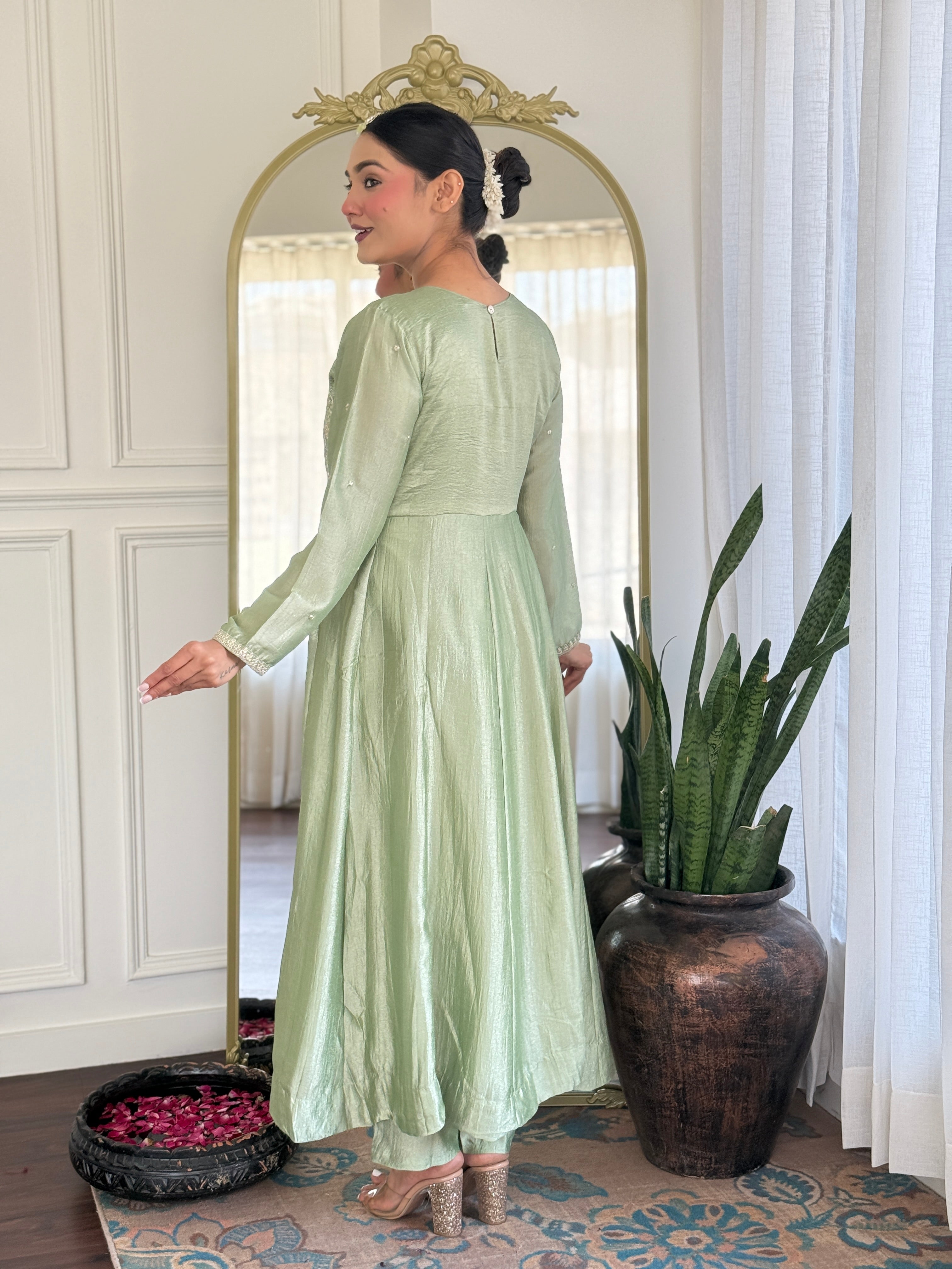 Latest Designer Pista Color Vichitra Silk With Embroidery Work Beautiful Kurta Set