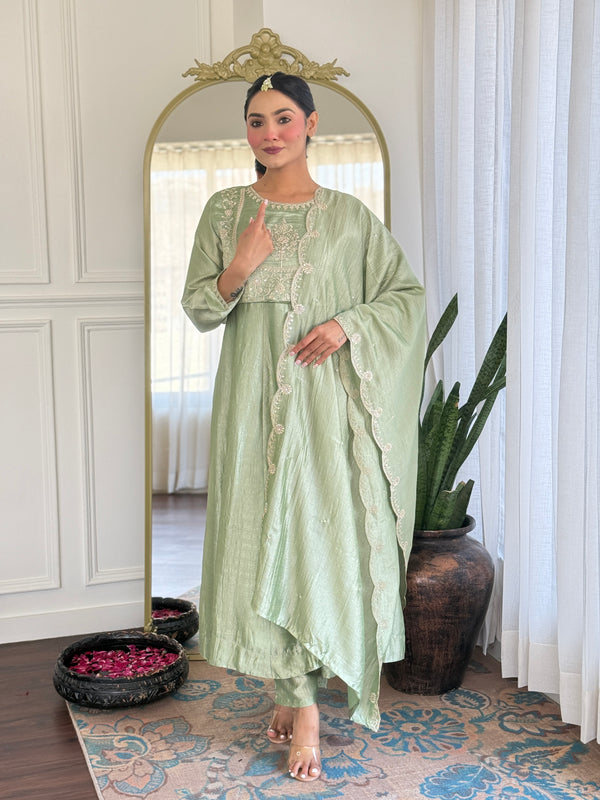 Latest Designer Pista Color Vichitra Silk With Embroidery Work Beautiful Kurta Set