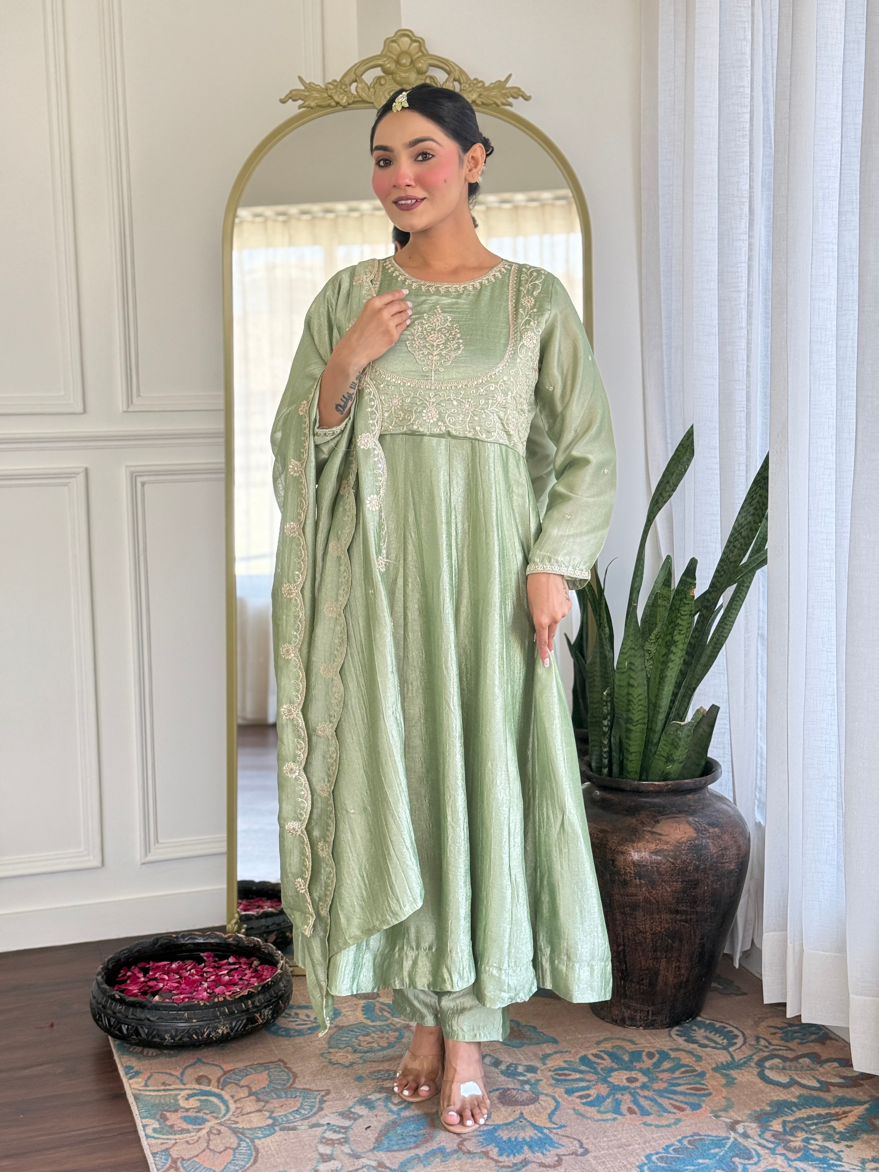 Latest Designer Pista Color Vichitra Silk With Embroidery Work Beautiful Kurta Set