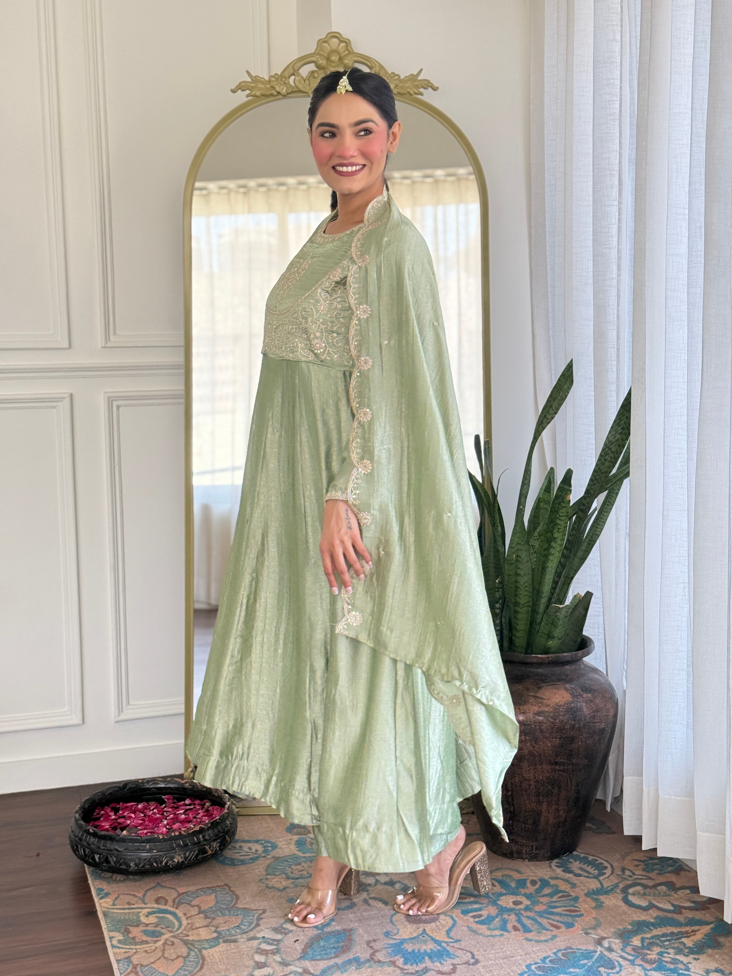 Latest Designer Pista Color Vichitra Silk With Embroidery Work Beautiful Kurta Set