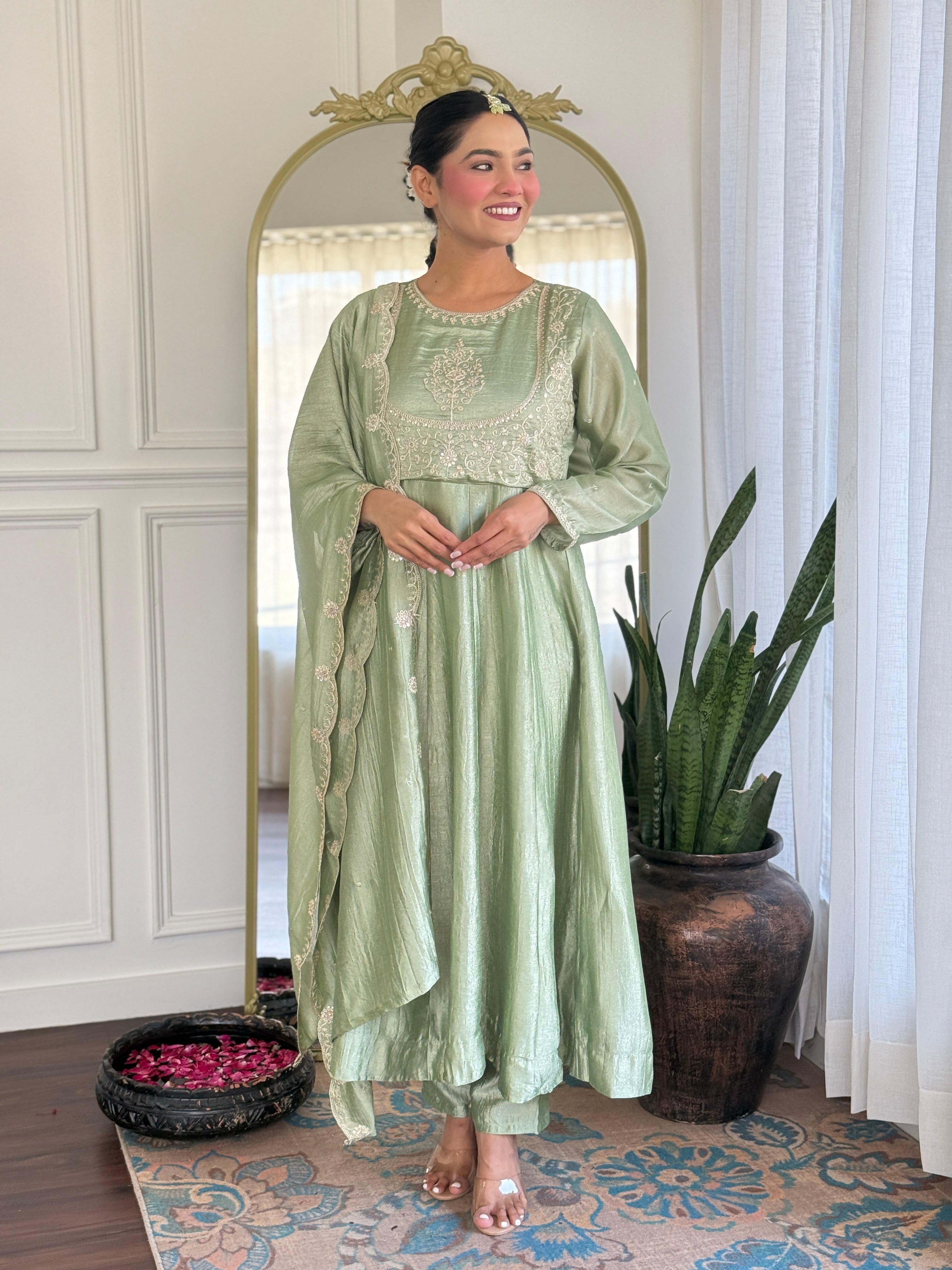 Latest Designer Pista Color Vichitra Silk With Embroidery Work Beautiful Kurta Set