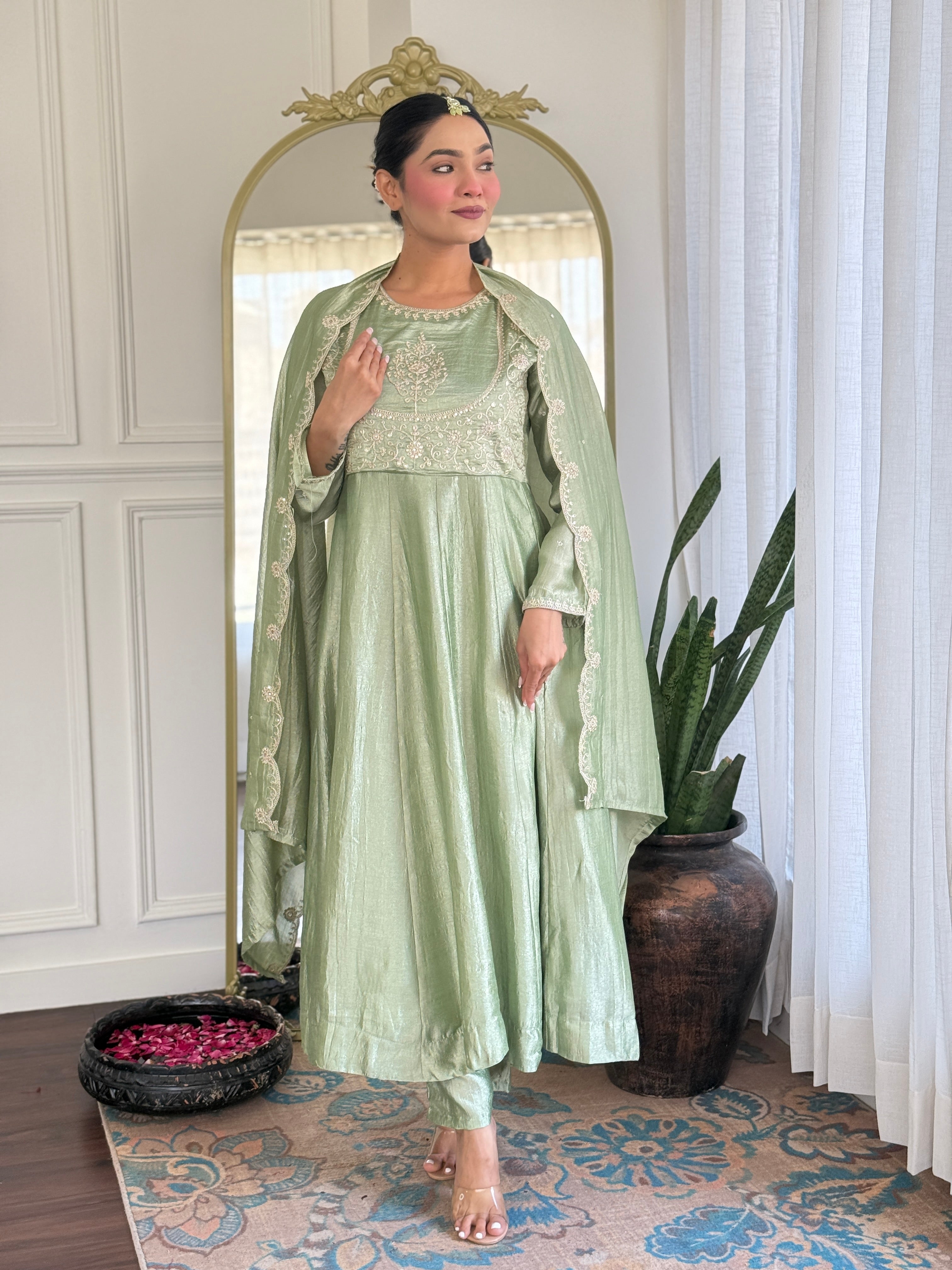 Latest Designer Pista Color Vichitra Silk With Embroidery Work Beautiful Kurta Set