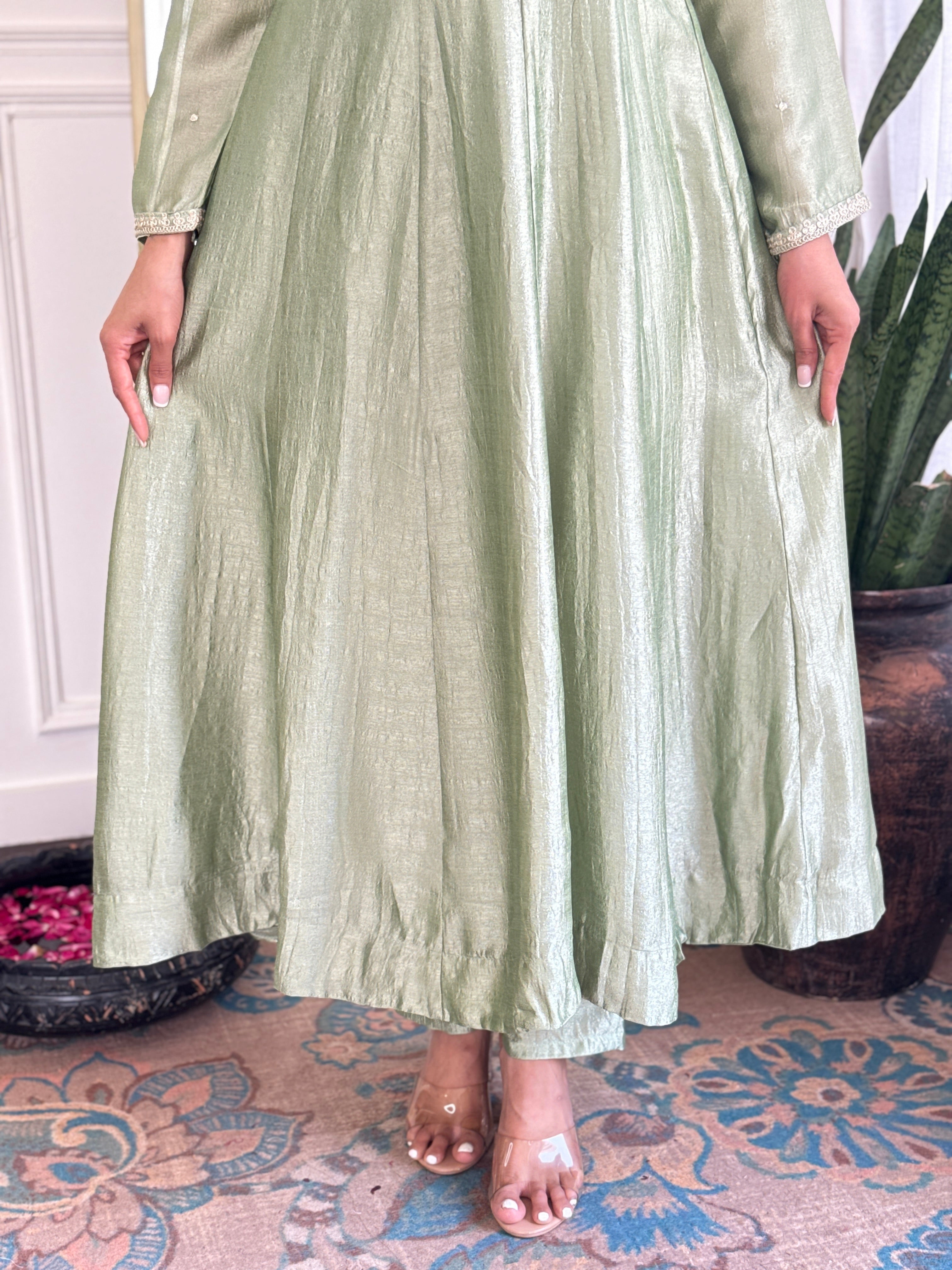 Latest Designer Pista Color Vichitra Silk With Embroidery Work Beautiful Kurta Set