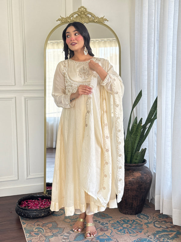 Latest Designer Cream Color Vichitra Silk With Embroidery Work Beautiful Kurta Set