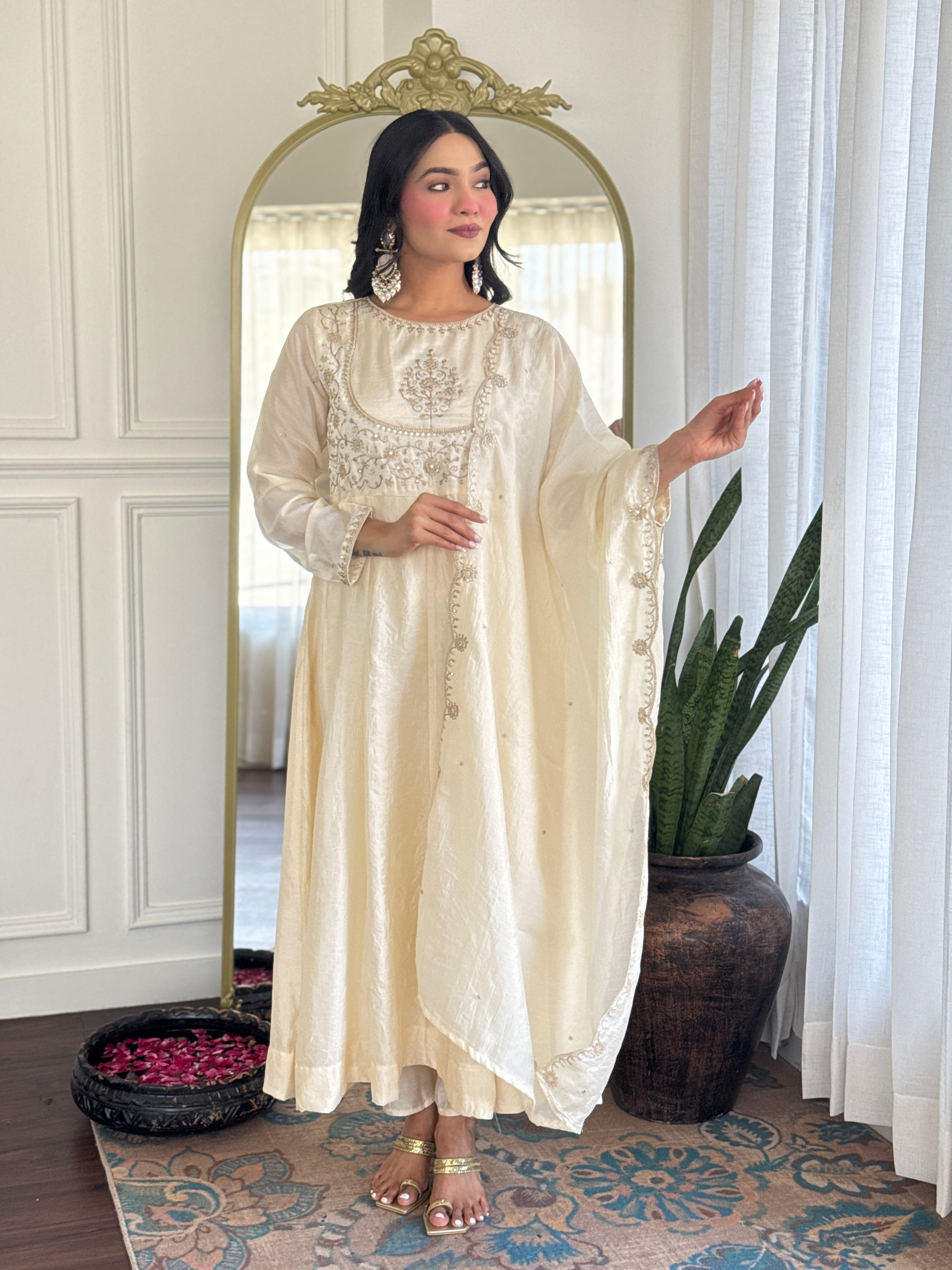 Latest Designer Cream Color Vichitra Silk With Embroidery Work Beautiful Kurta Set