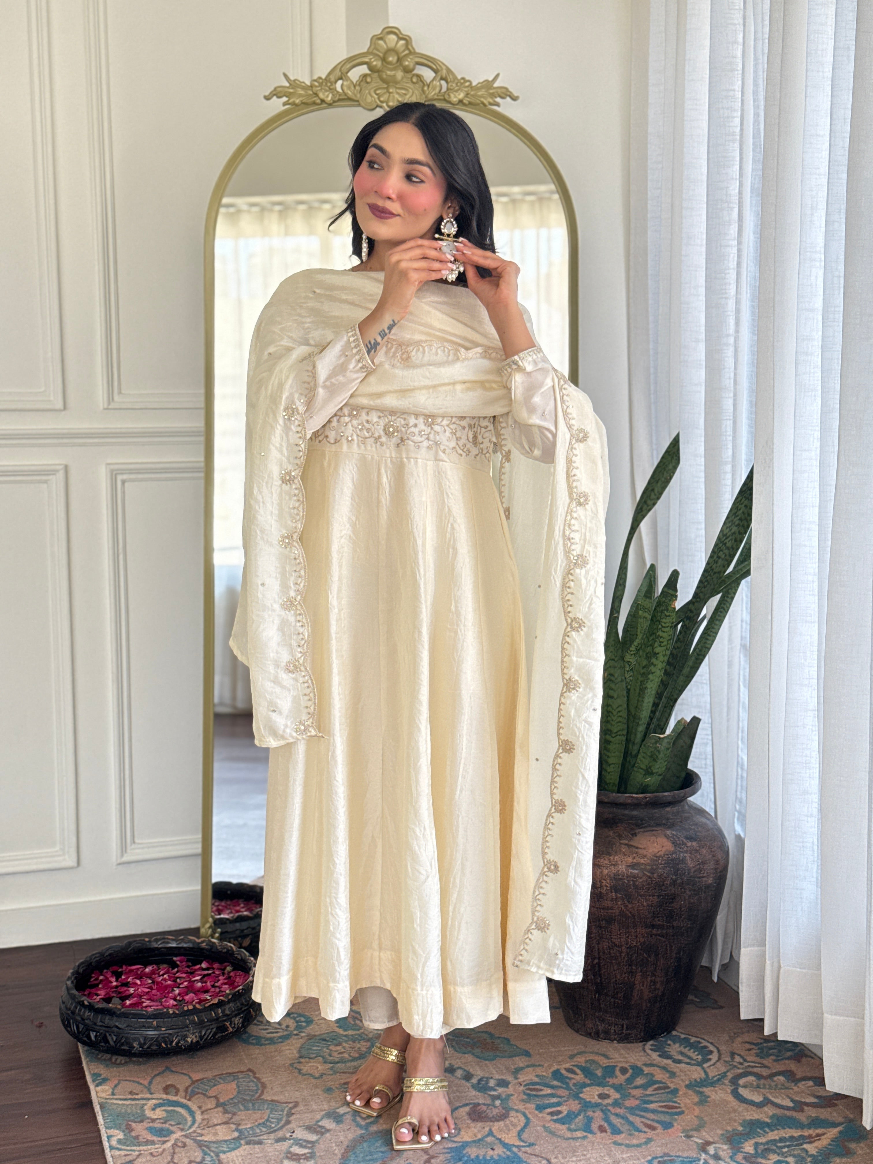 Latest Designer Cream Color Vichitra Silk With Embroidery Work Beautiful Kurta Set