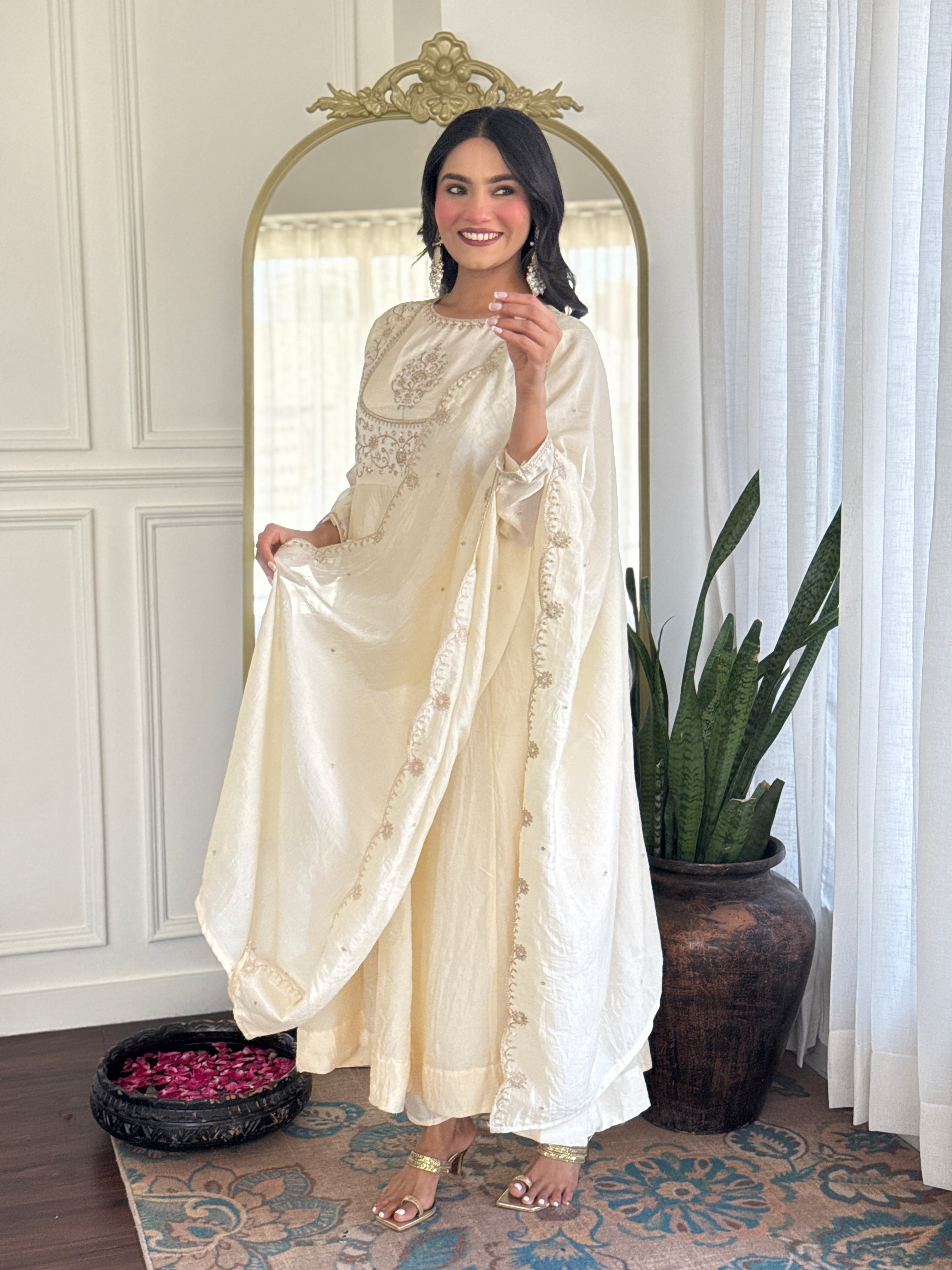 Latest Designer Cream Color Vichitra Silk With Embroidery Work Beautiful Kurta Set