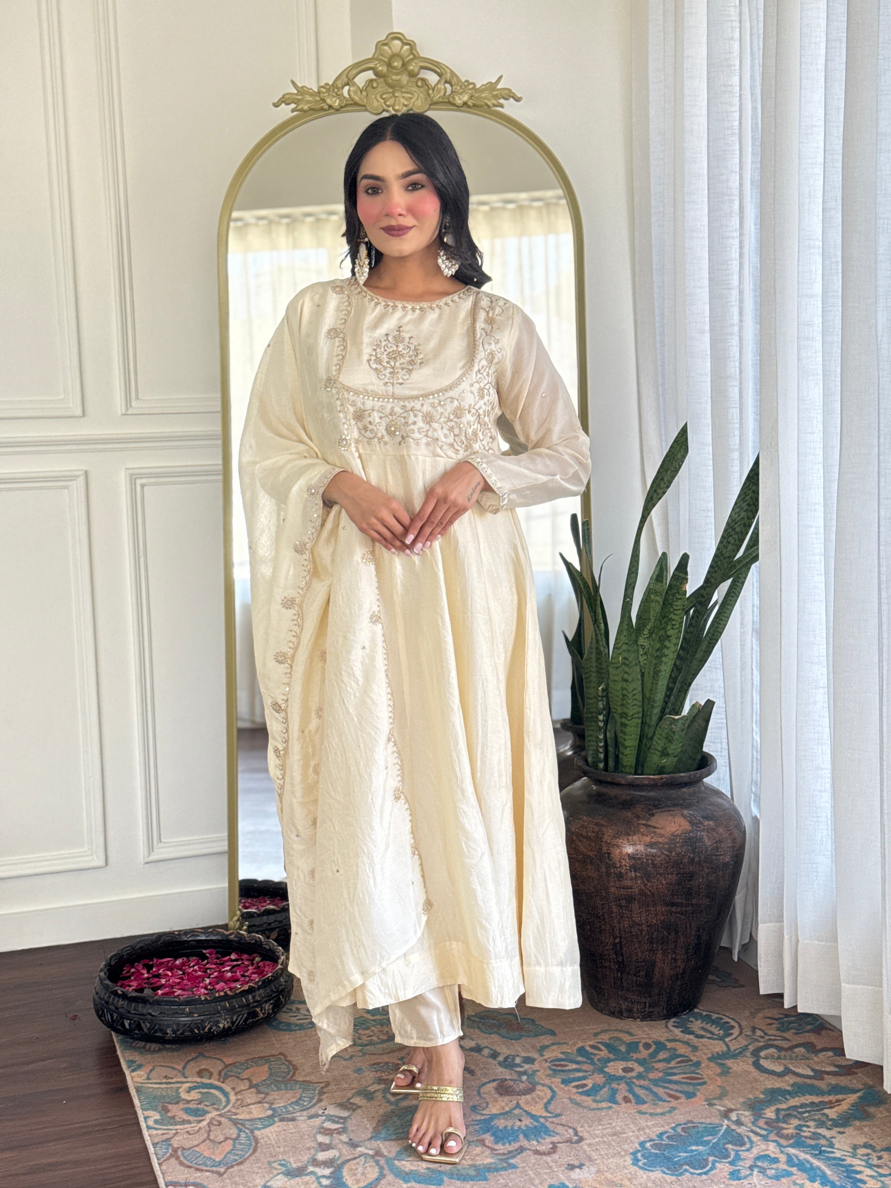 Latest Designer Cream Color Vichitra Silk With Embroidery Work Beautiful Kurta Set