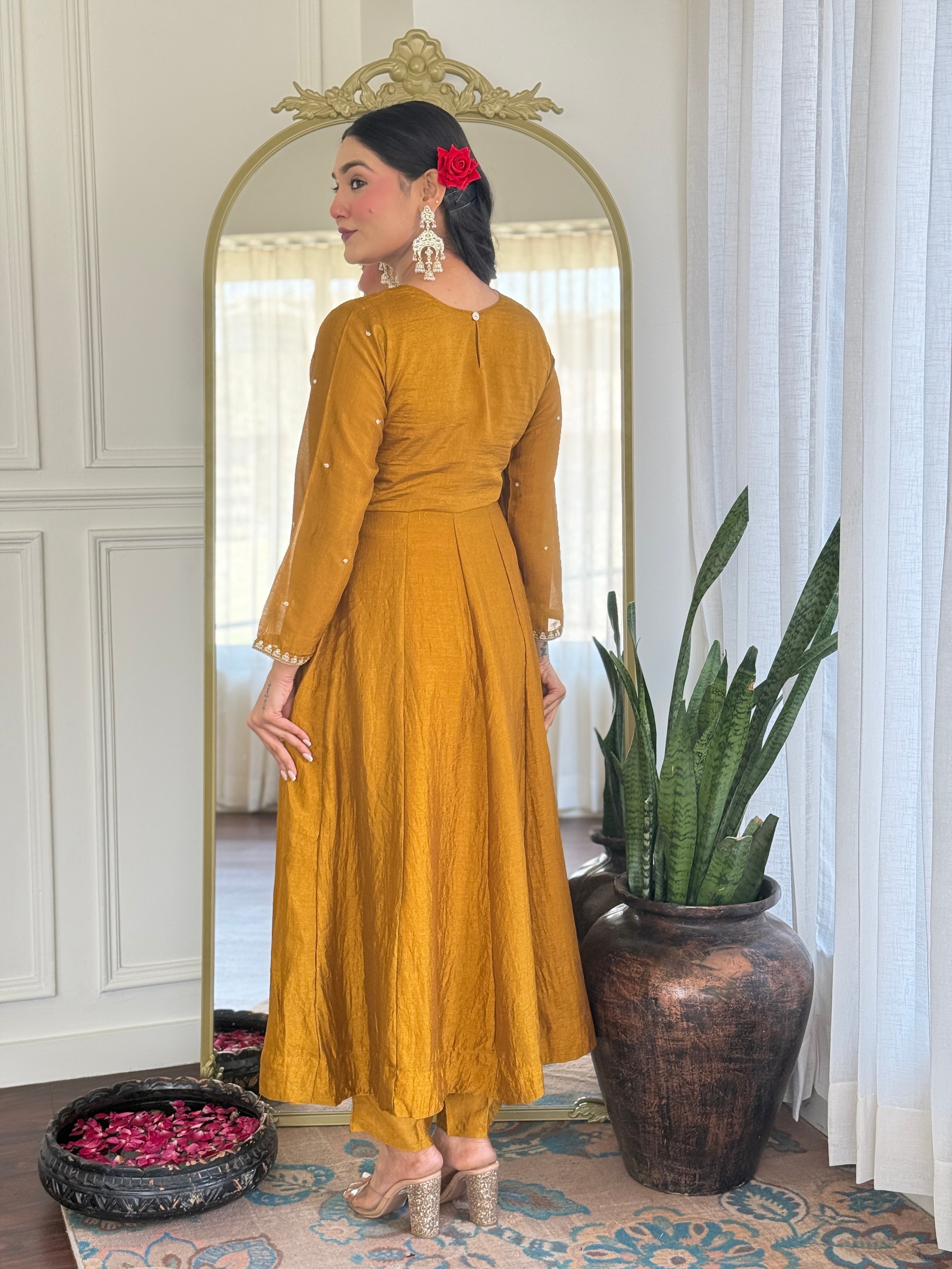 Latest Designer Mustard Color Vichitra Silk With Embroidery Work Beautiful Kurta Set