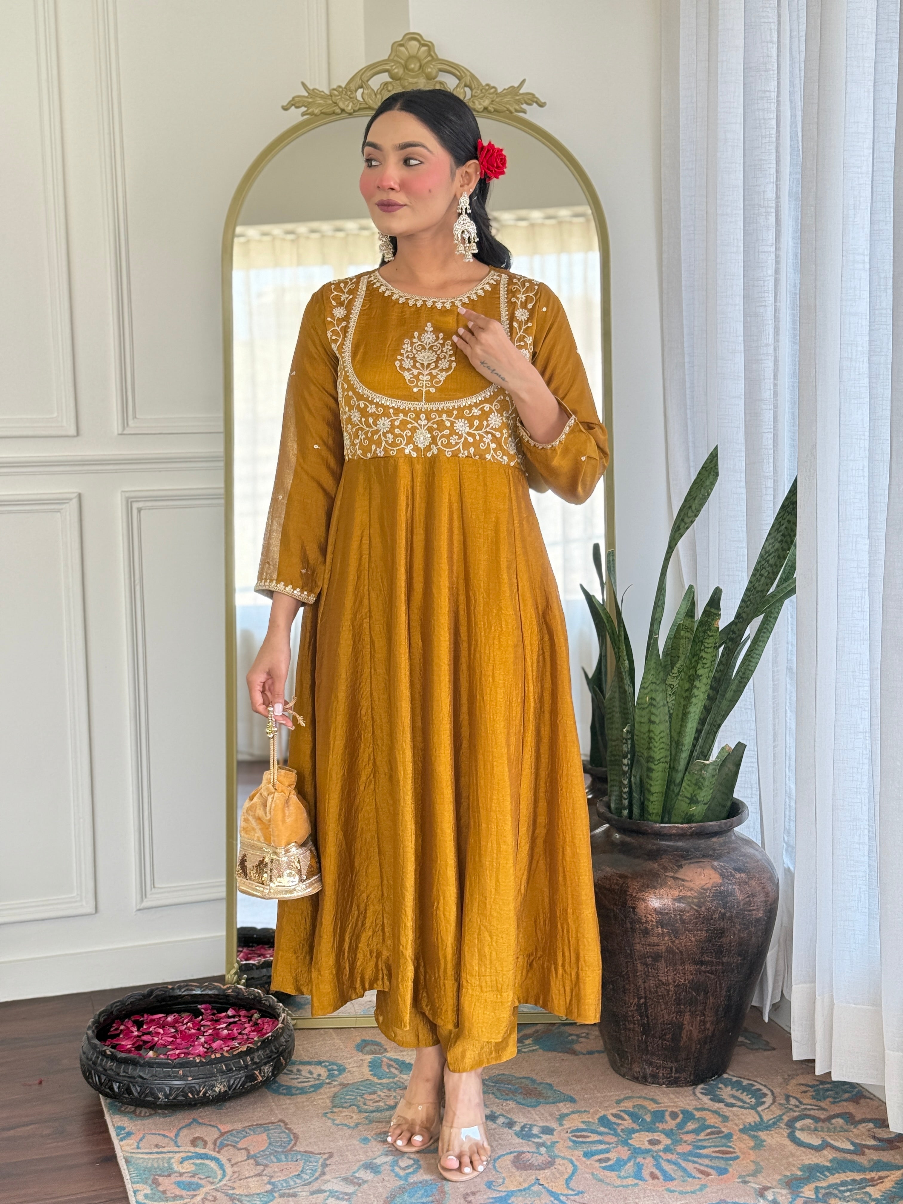 Latest Designer Mustard Color Vichitra Silk With Embroidery Work Beautiful Kurta Set