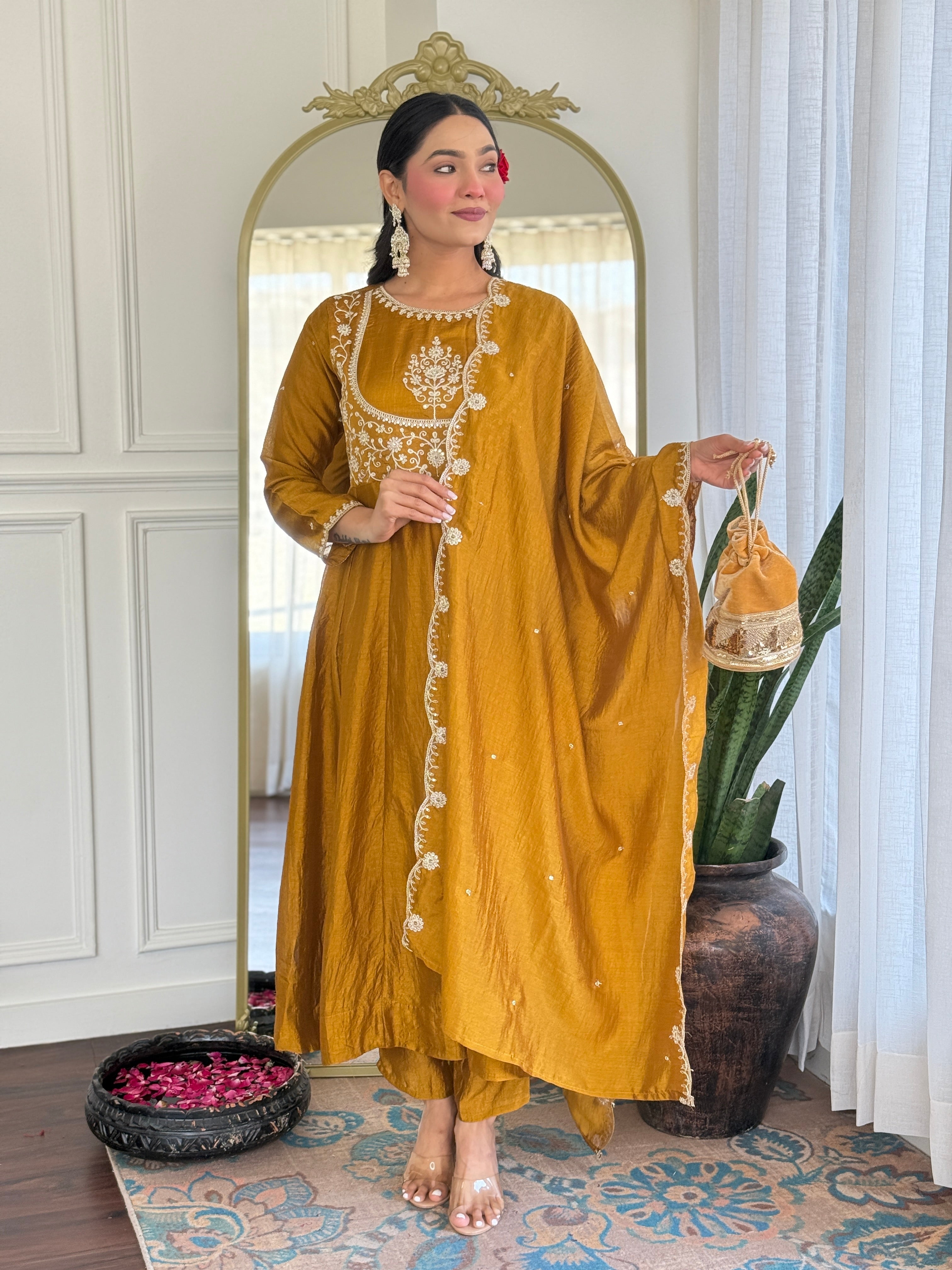 Latest Designer Mustard Color Vichitra Silk With Embroidery Work Beautiful Kurta Set