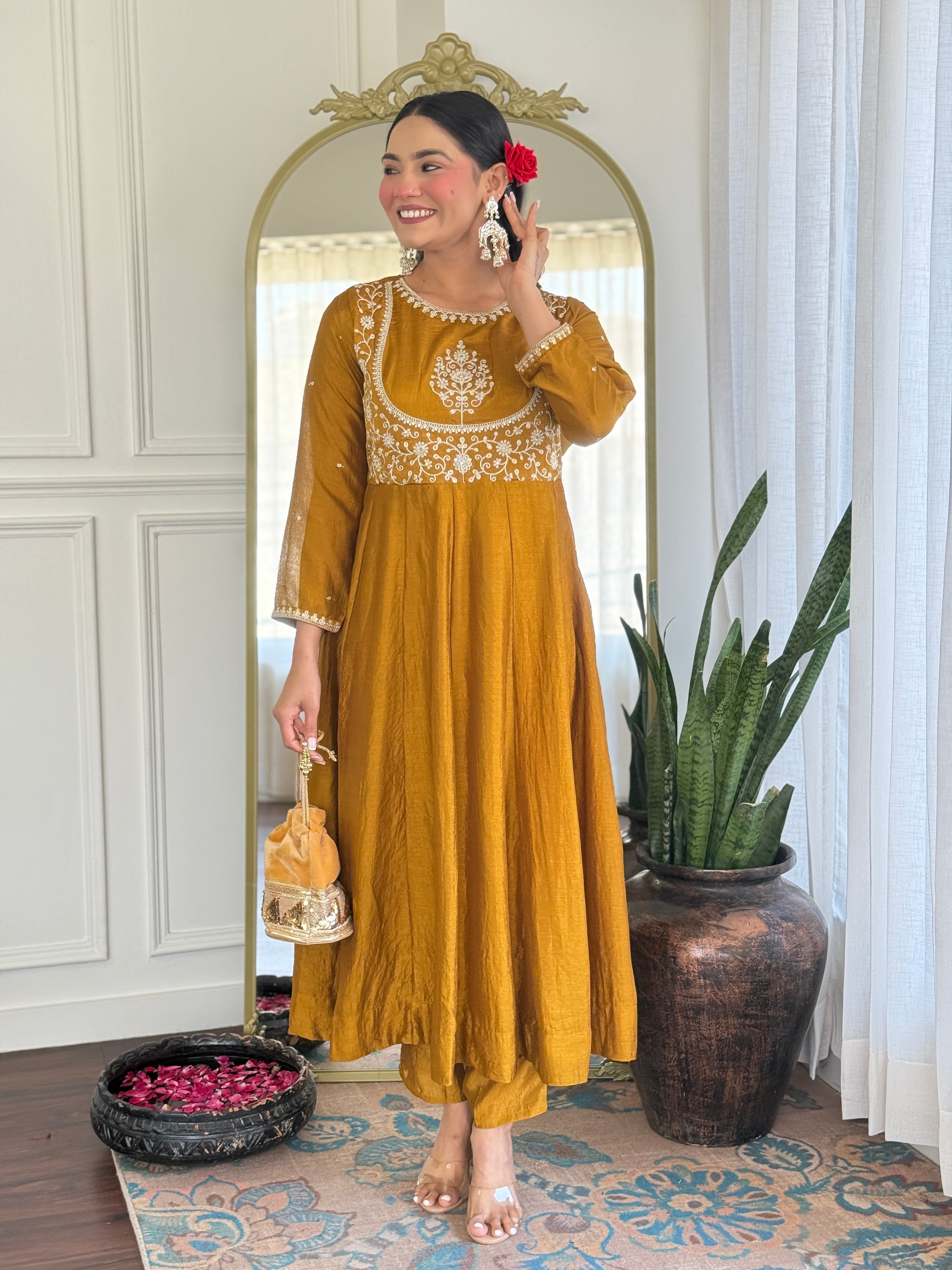 Latest Designer Mustard Color Vichitra Silk With Embroidery Work Beautiful Kurta Set