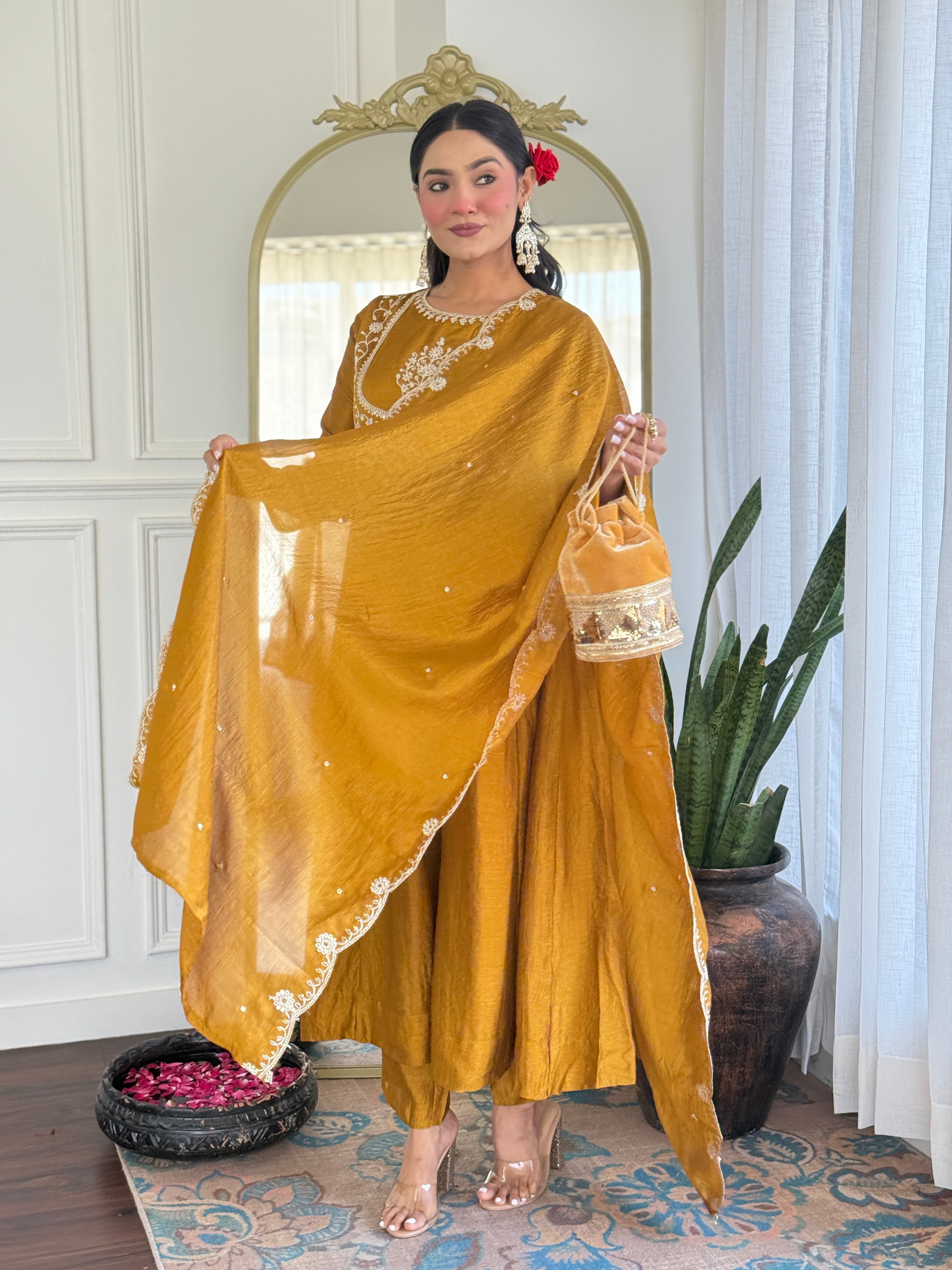 Latest Designer Mustard Color Vichitra Silk With Embroidery Work Beautiful Kurta Set