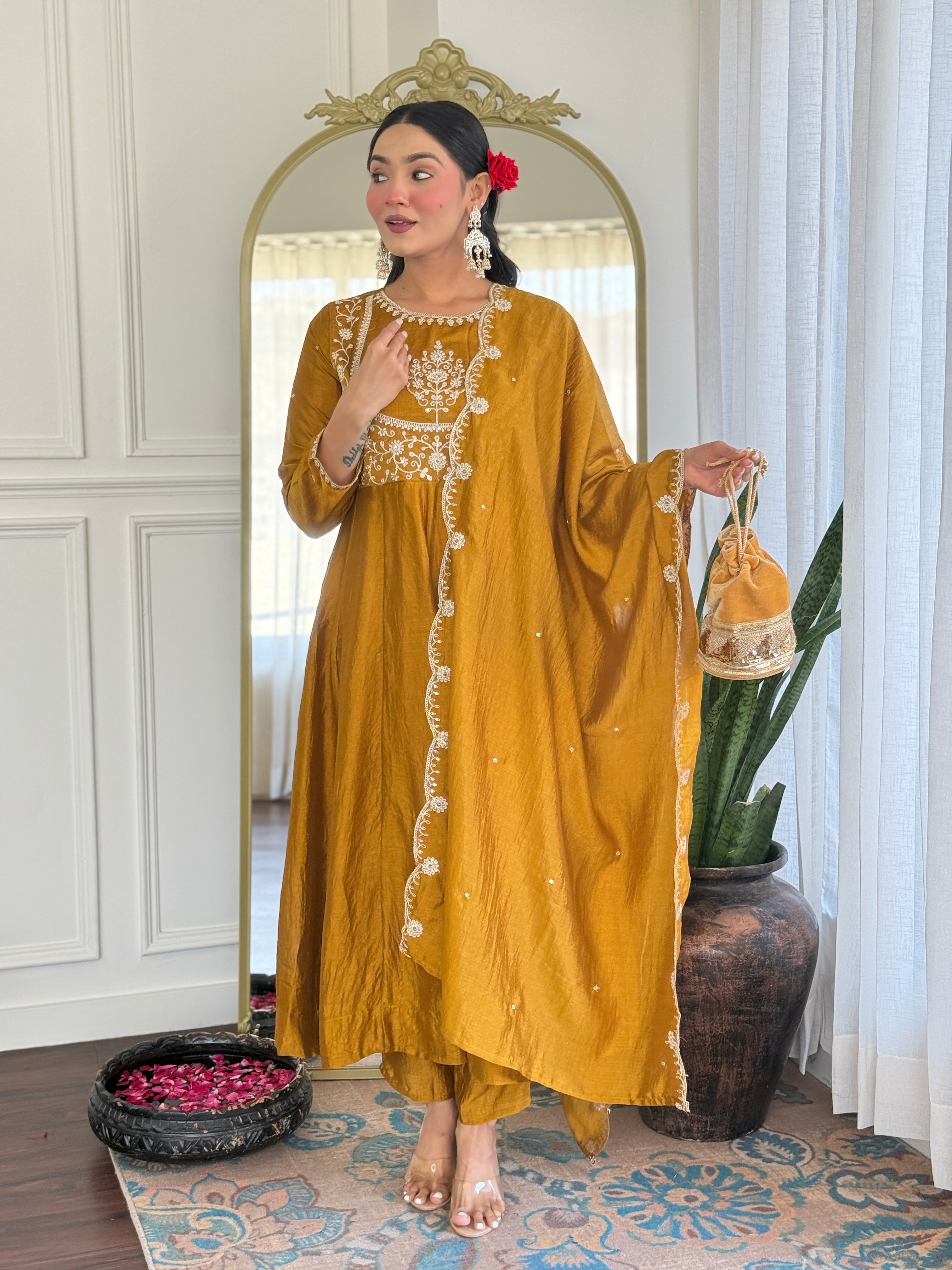 Latest Designer Mustard Color Vichitra Silk With Embroidery Work Beautiful Kurta Set