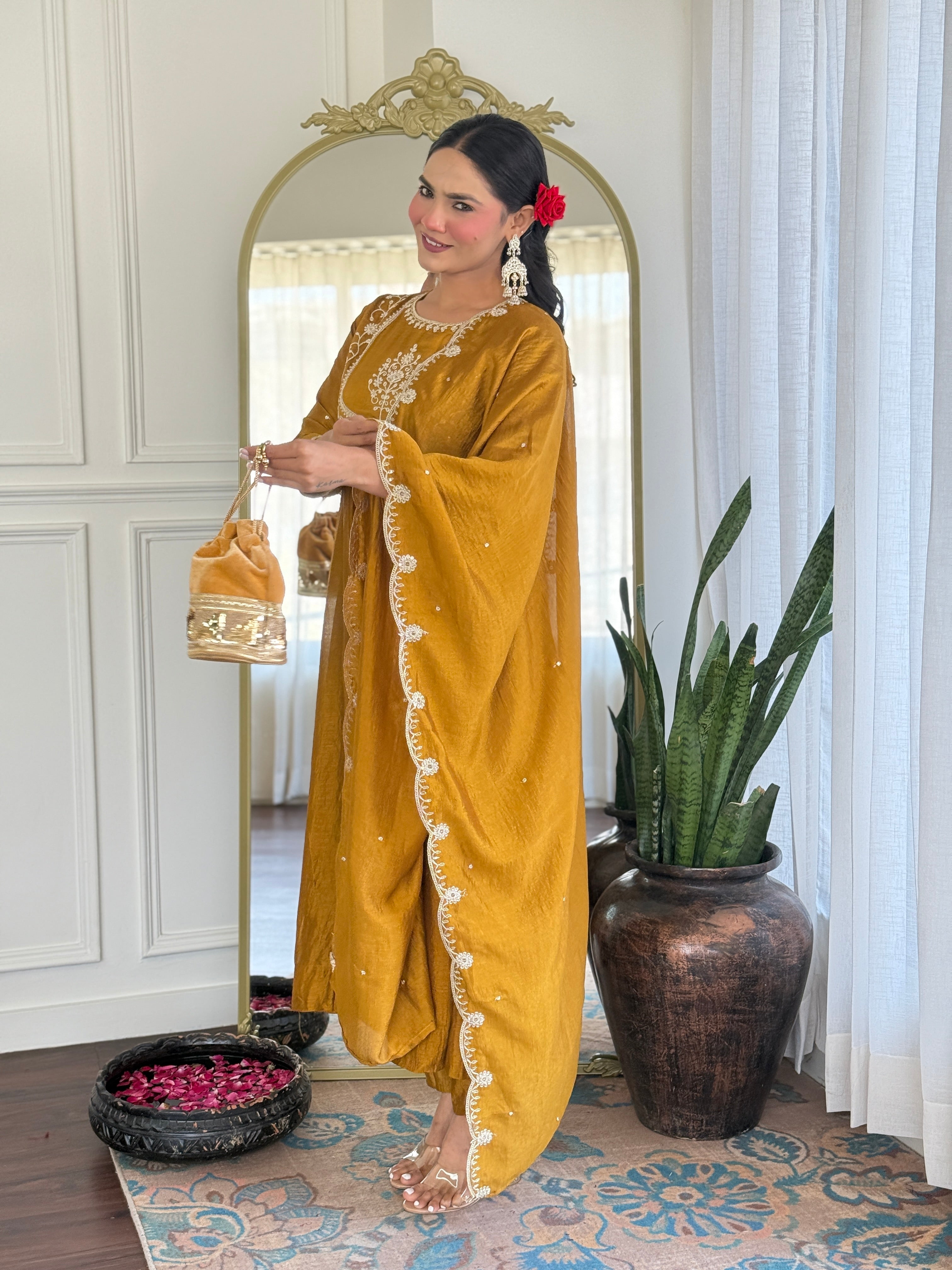 Latest Designer Mustard Color Vichitra Silk With Embroidery Work Beautiful Kurta Set