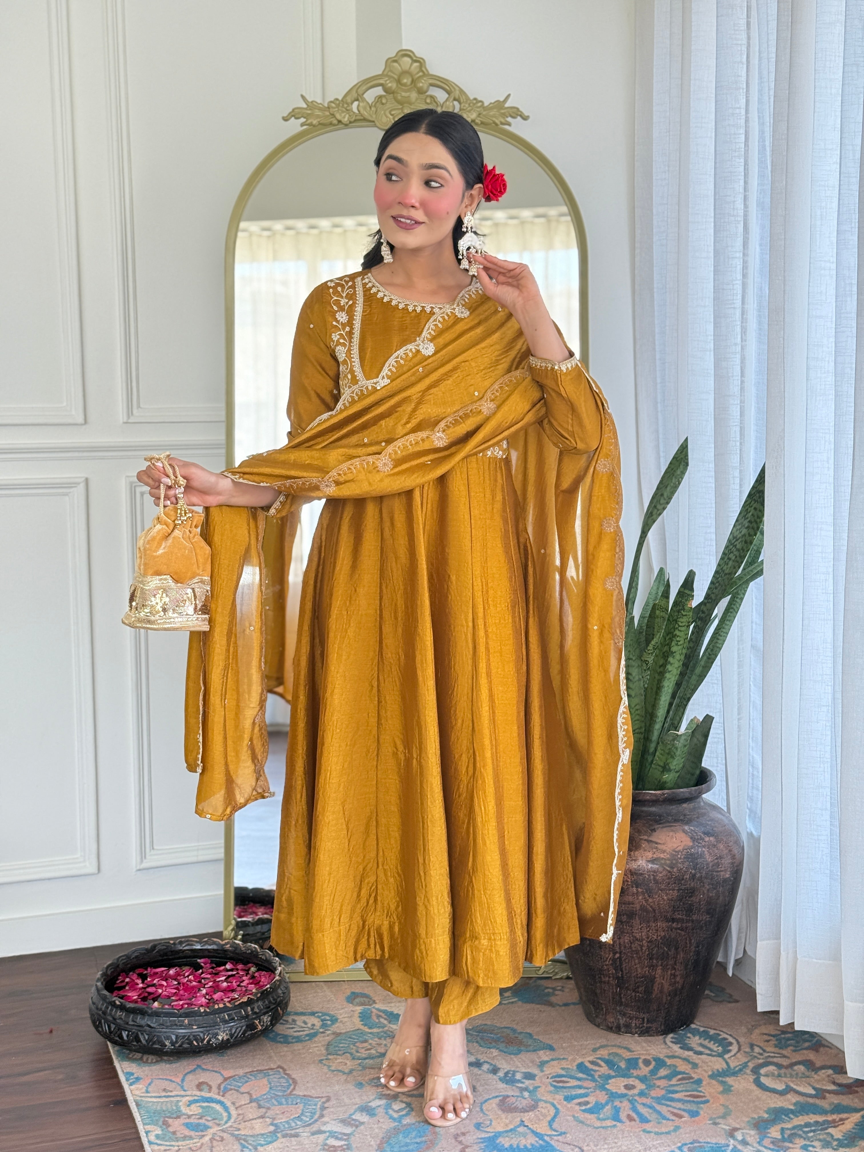 Latest Designer Mustard Color Vichitra Silk With Embroidery Work Beautiful Kurta Set