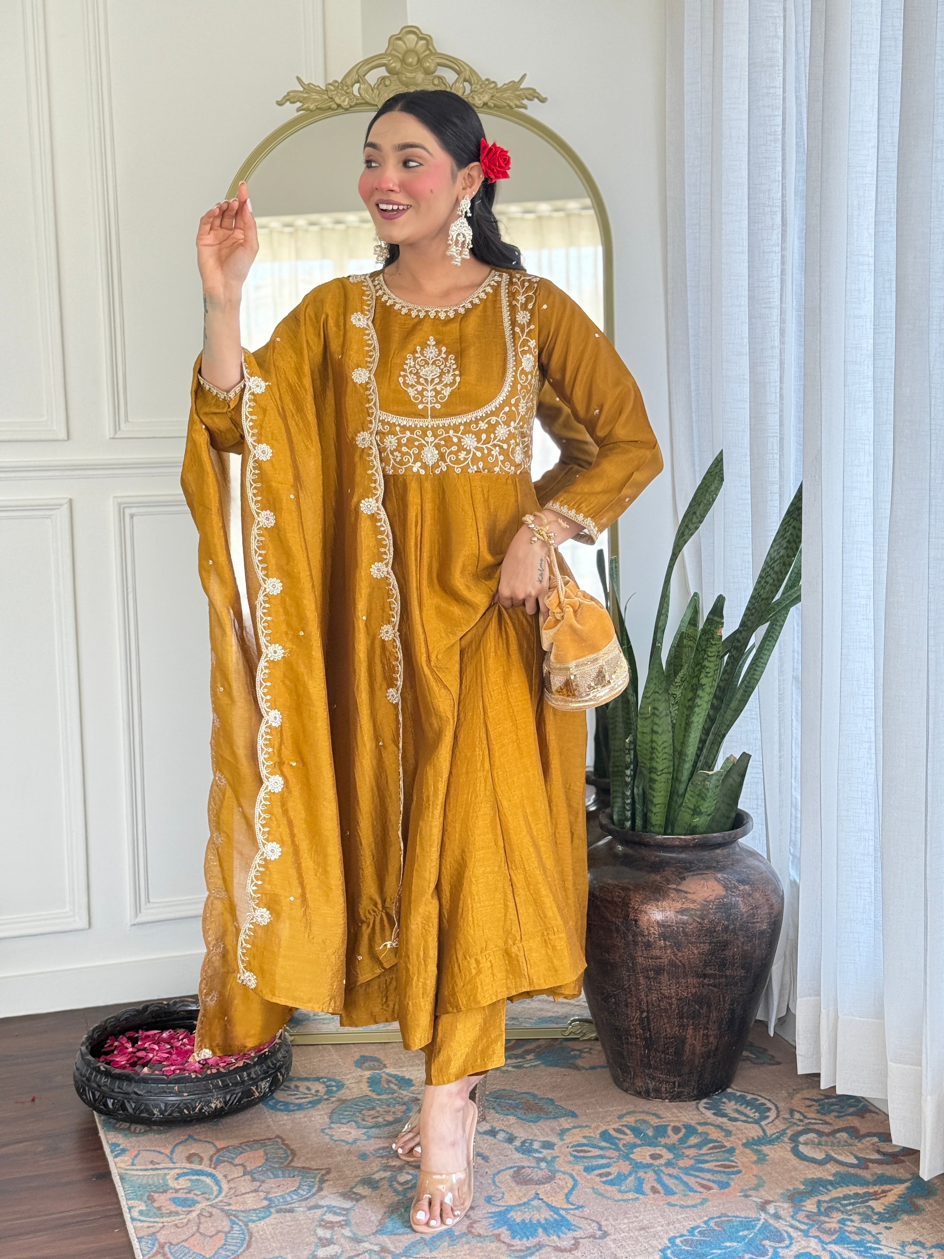 Latest Designer Mustard Color Vichitra Silk With Embroidery Work Beautiful Kurta Set